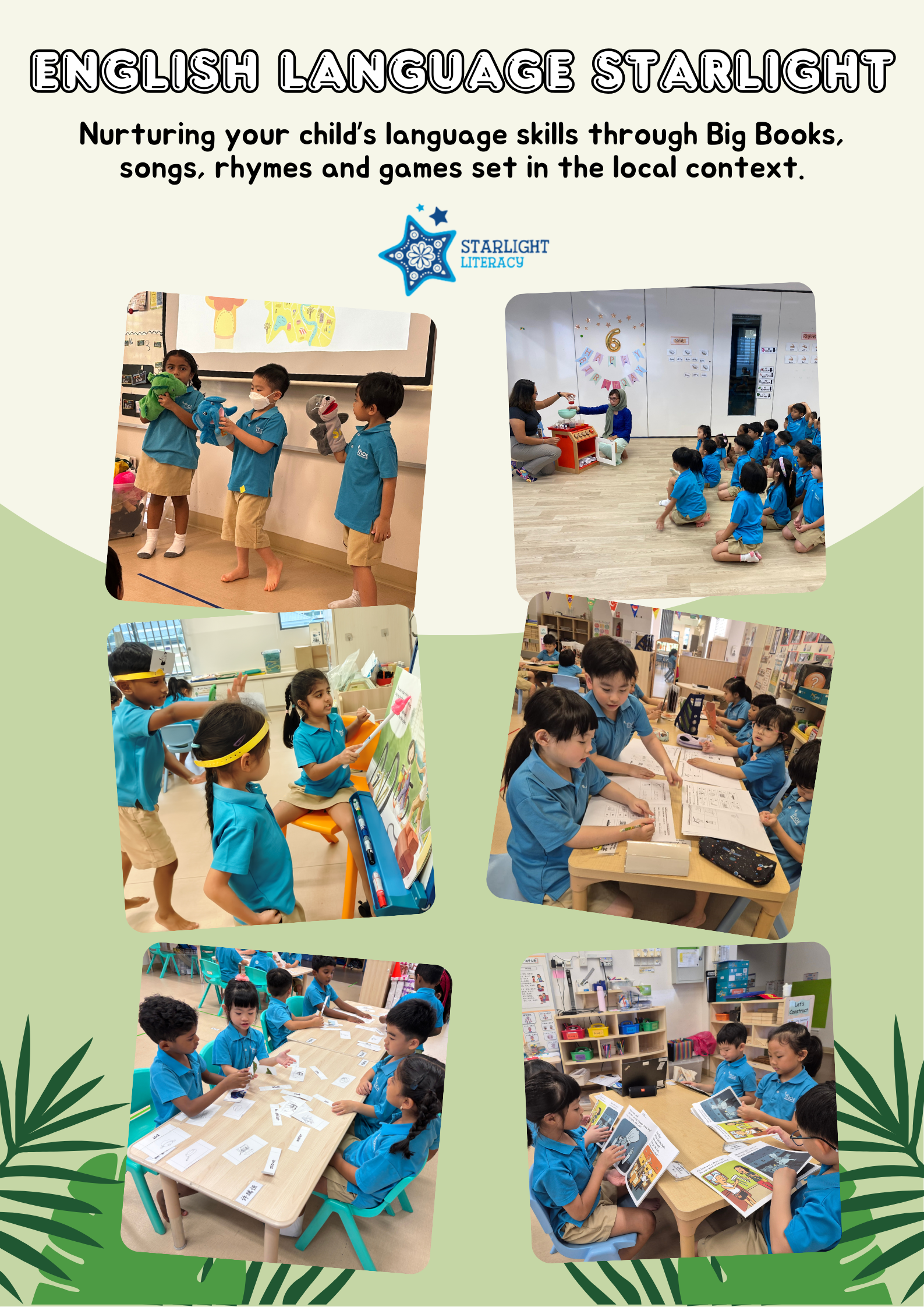 Poster titled English Language Starlight with photos of children in blue uniforms doing class activities.