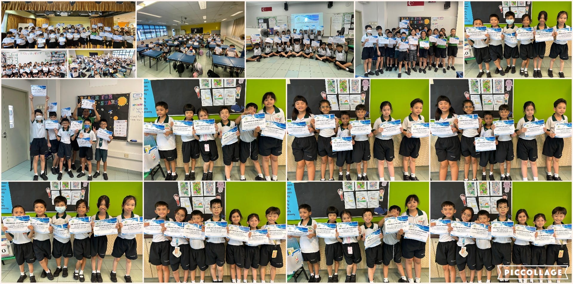 Collage of school children in uniforms holding certificates in classrooms and halls.