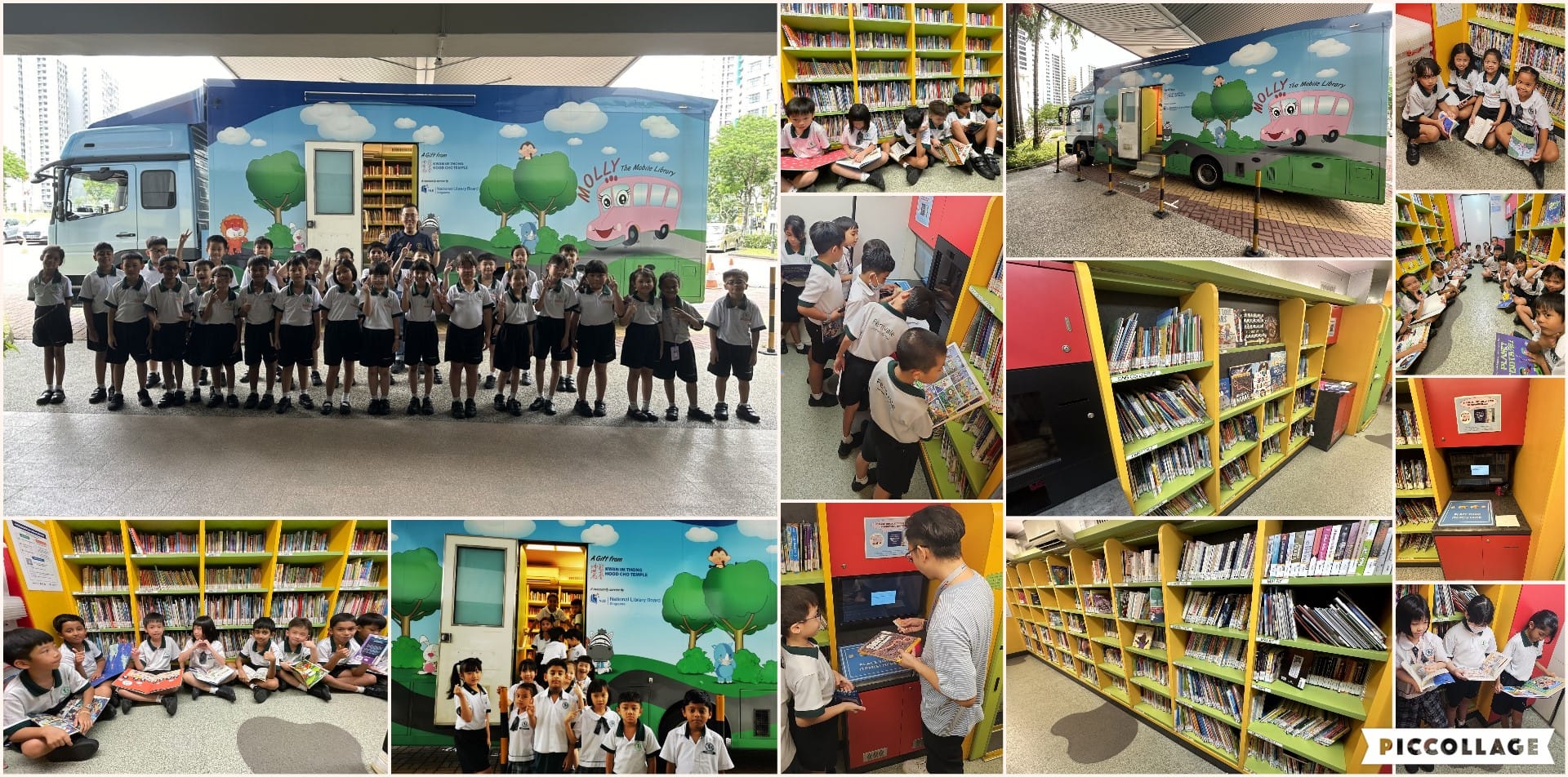 Young students in uniforms visit Molly the Mobile Library truck, browsing colorful book shelves inside and posing outside.