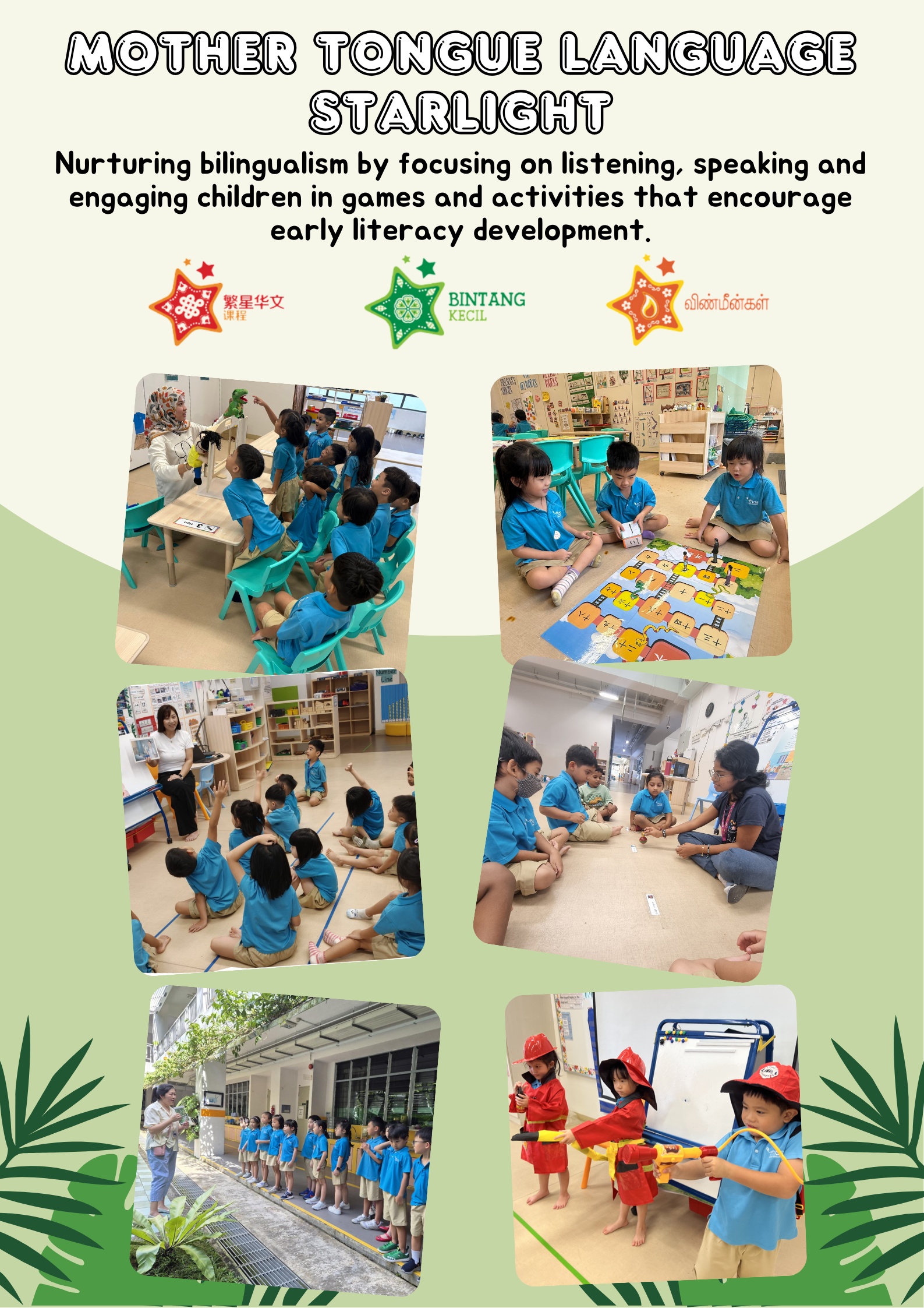 Poster titled Mother Tongue Language Starlight with photos of children in blue uniforms doing activities.