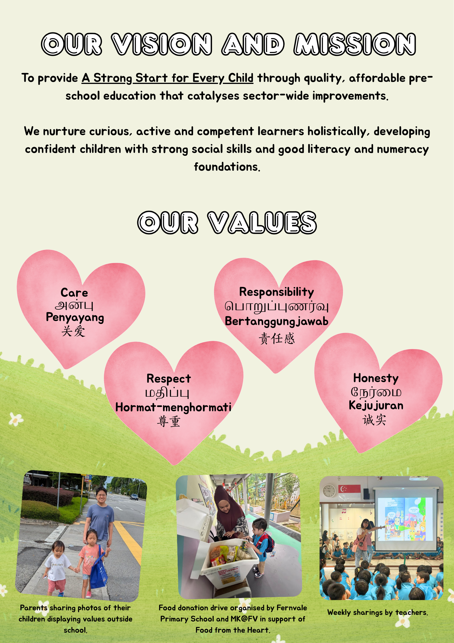 Poster showing a preschool vision, mission, and four core values in pink hearts, with photos of children and community activities.