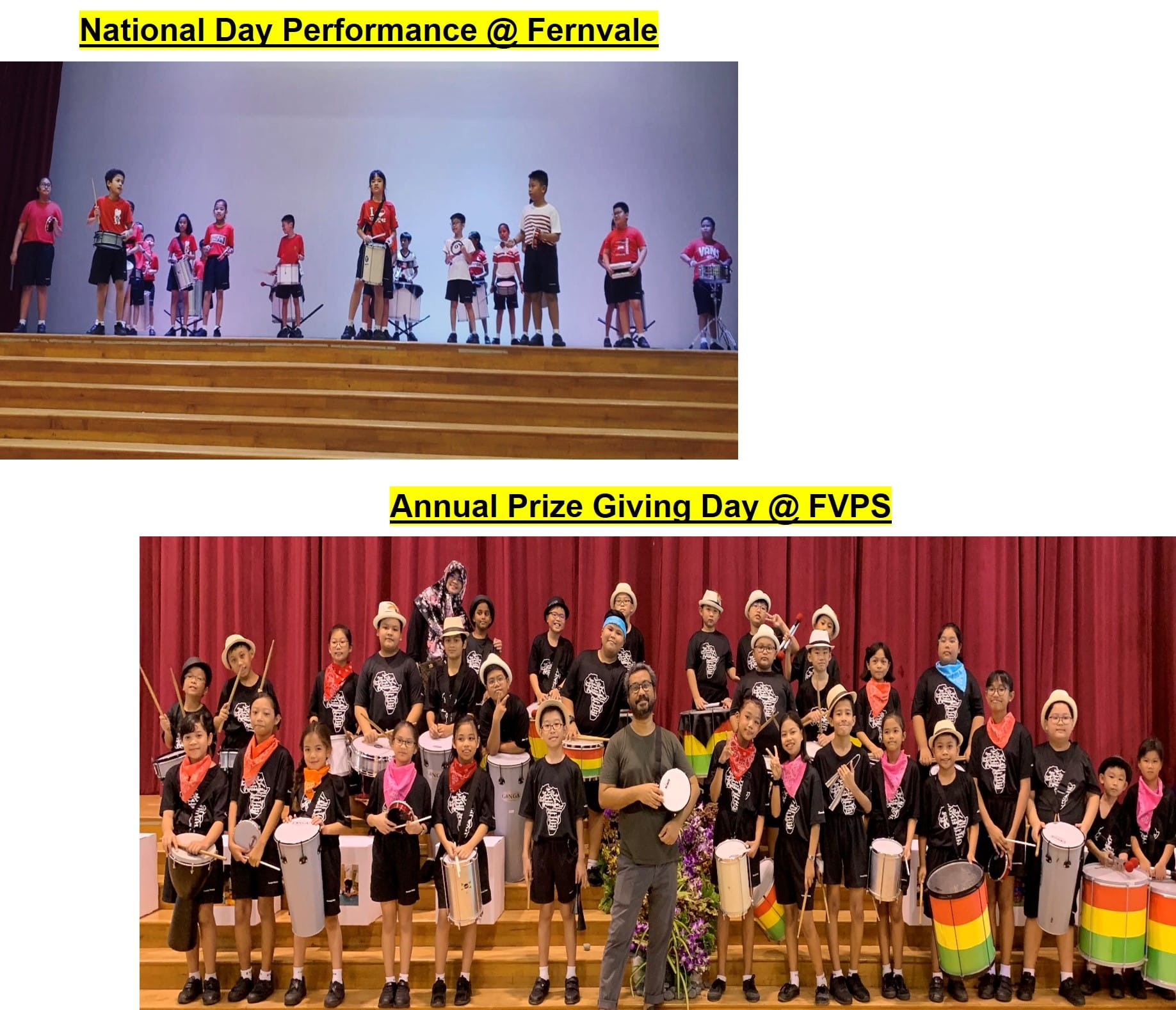 Two school percussion group photos: students performing on stage and posing with drums at Fernvale Primary School events.