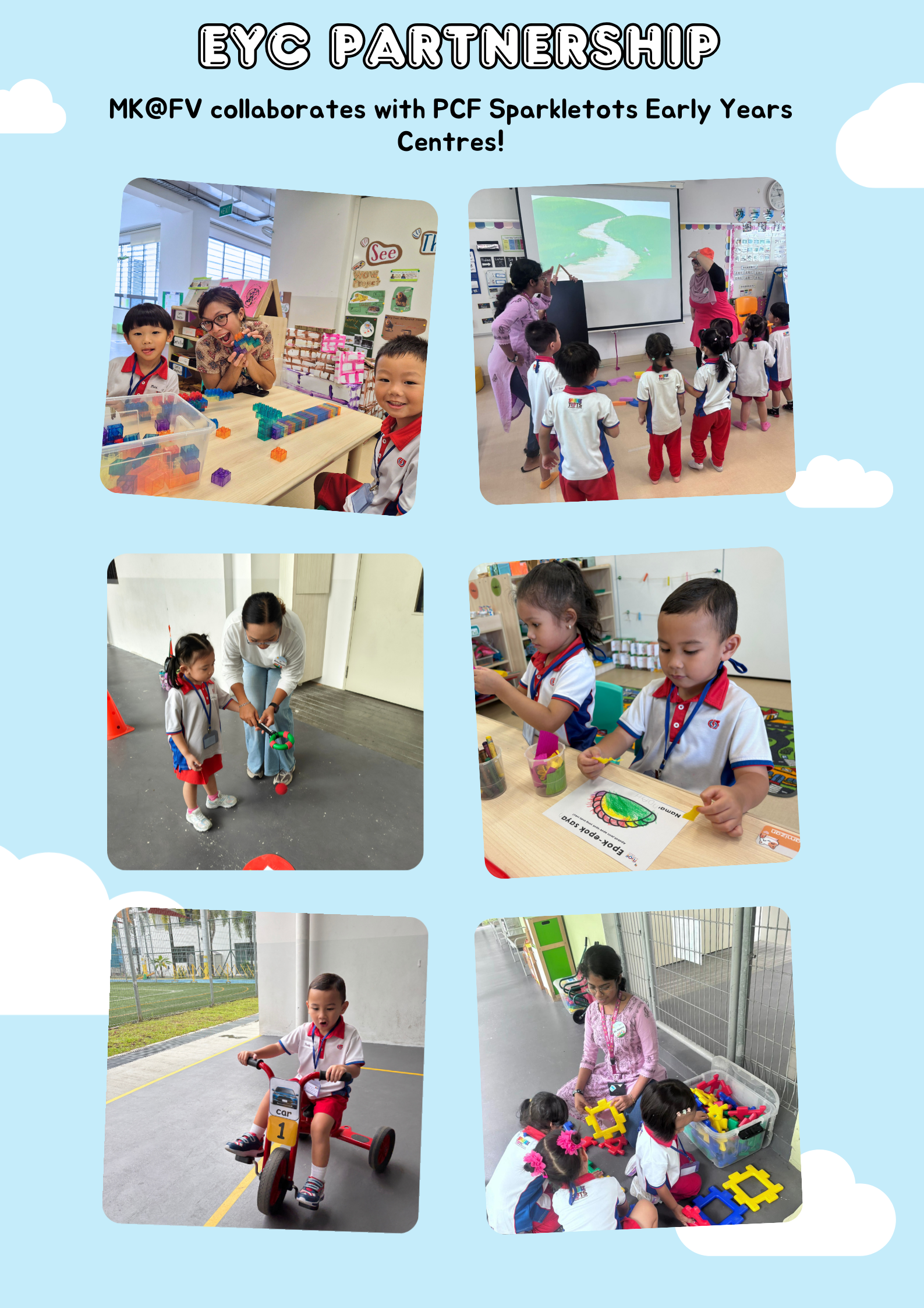 Poster titled EYC Partnership with six photos of teachers and preschoolers playing, learning, and crafting.