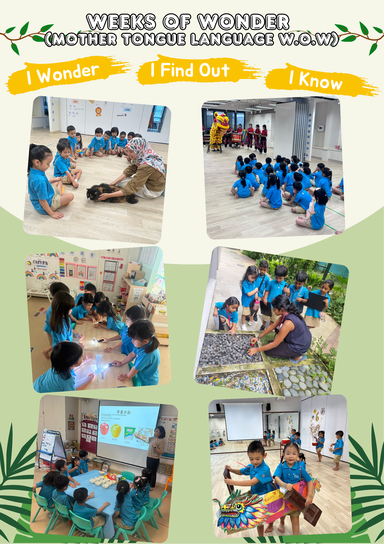 Poster titled Weeks of Wonder with six photos of kids in blue uniforms doing class and outdoor activities.