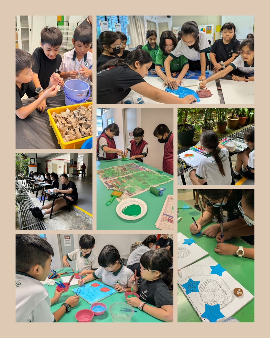 Collage of children in school uniforms doing art activities including painting, clay work, and drawing.