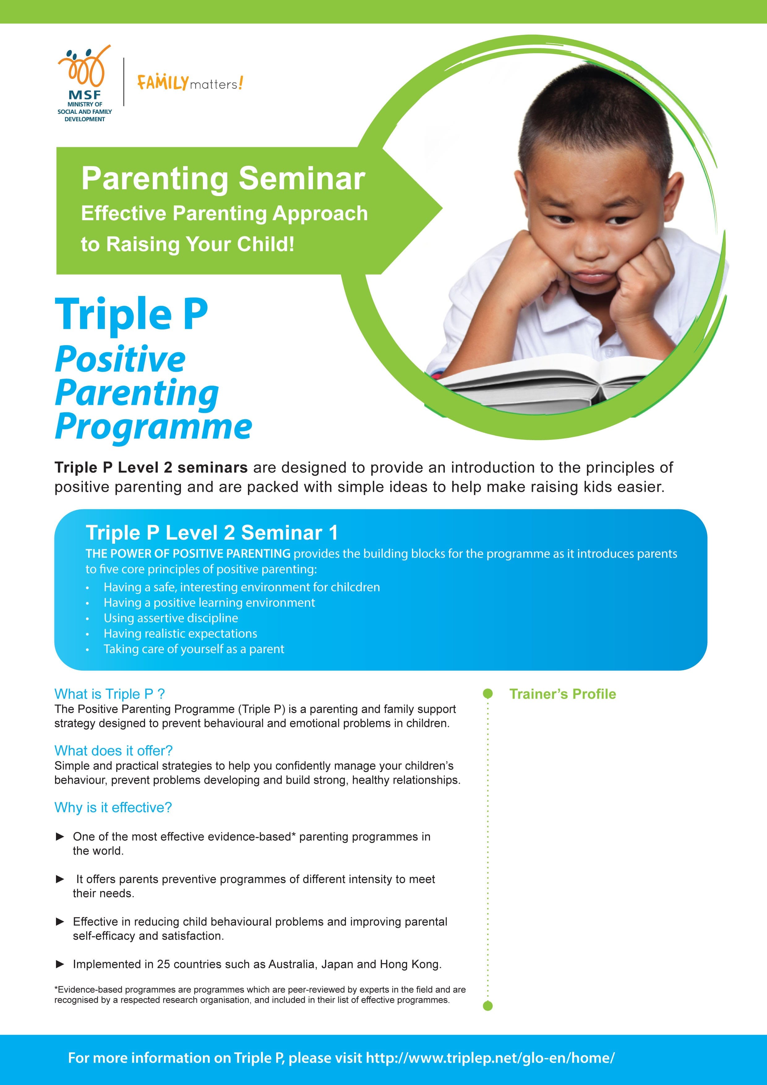 Flyer for a Triple P Positive Parenting Programme seminar featuring a young boy resting his chin on his hands over a book.