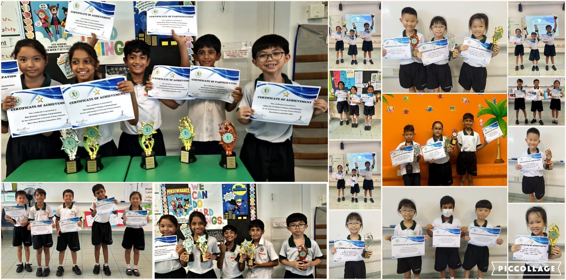 Young students in school uniforms hold trophies and certificates of achievement in a collage of group photos.
