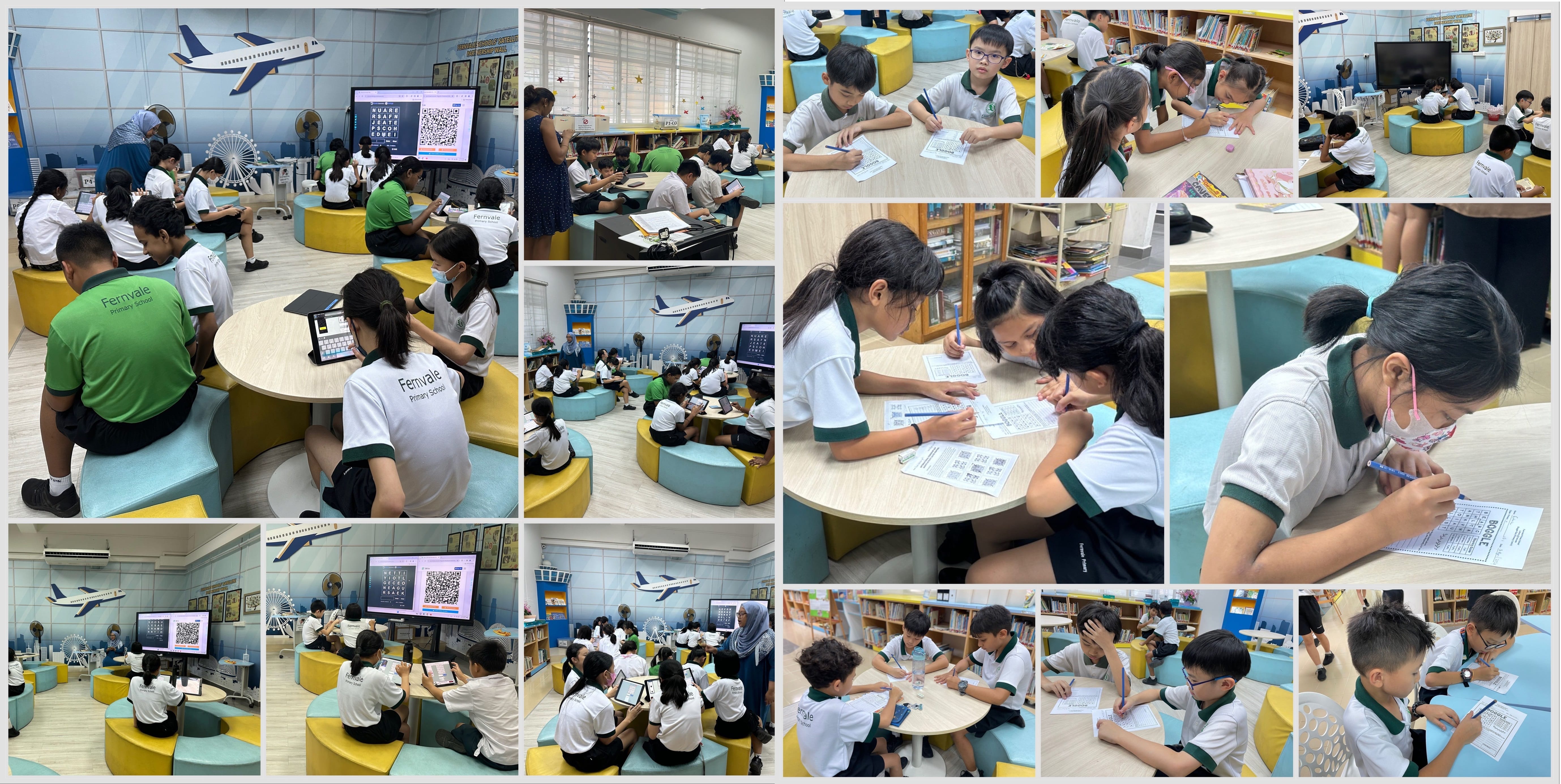Collage of students in uniforms working on worksheets and tablets in a classroom with a plane mural.