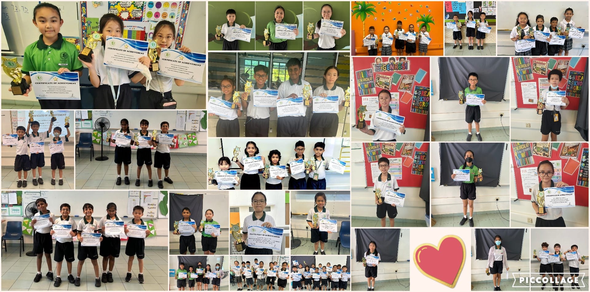 Collage of school children in uniforms holding trophies and certificates of achievement in various classroom settings.