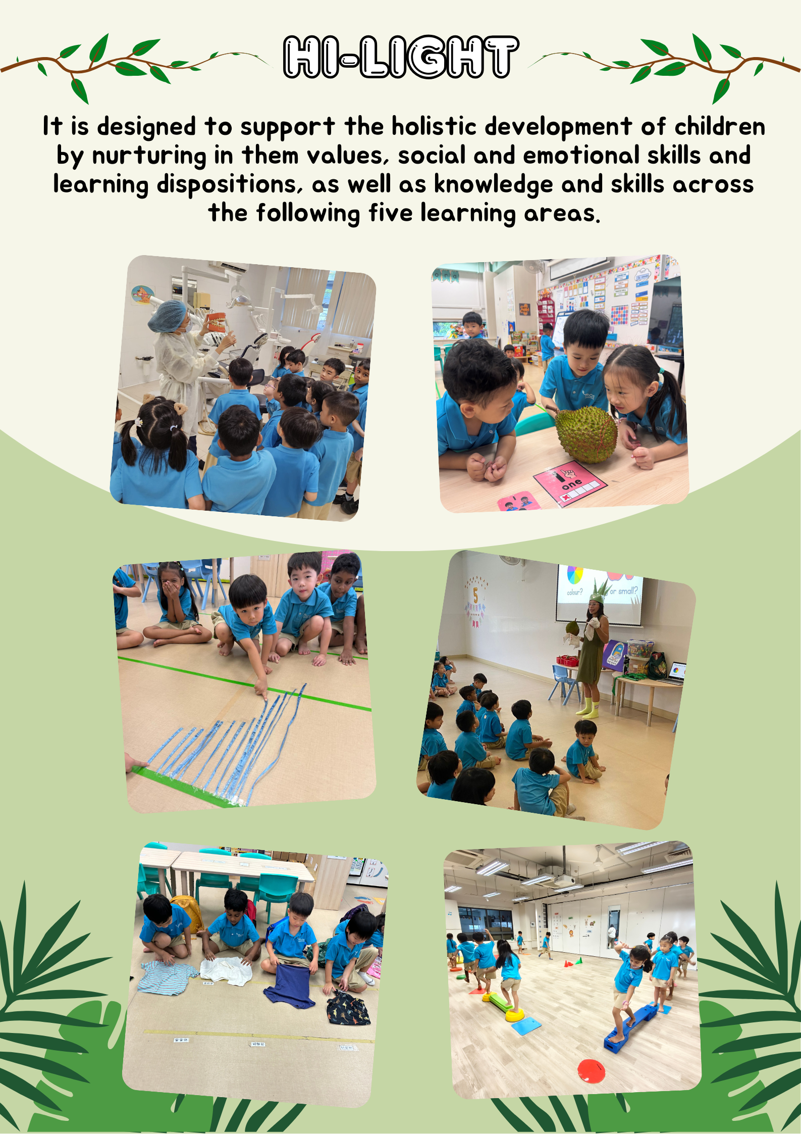 Flyer titled Hi-Light showing six photos of young children in blue uniforms doing classroom and physical activities.