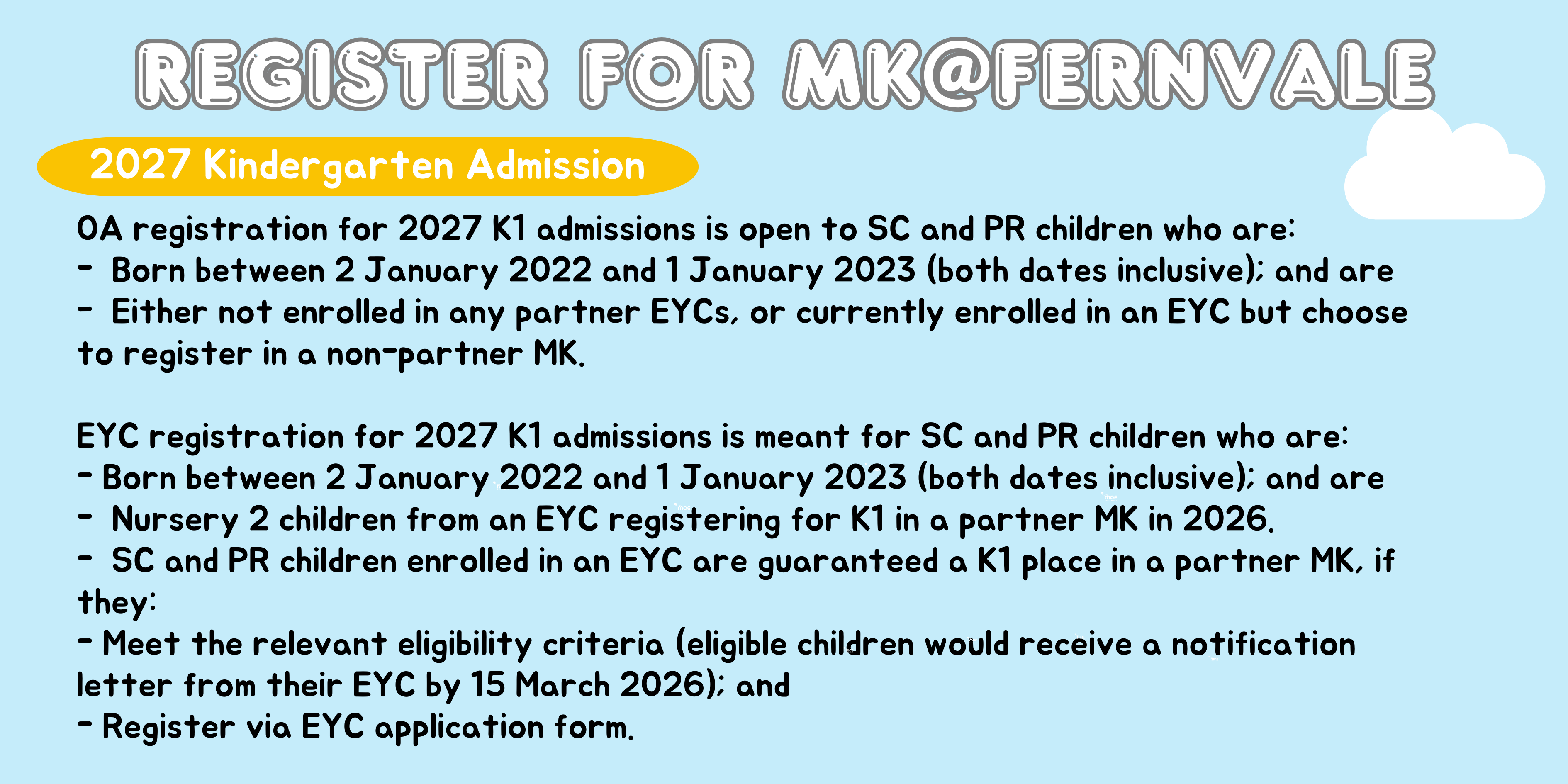 Light blue flyer titled Register for MK@Fernvale with 2027 Kindergarten Admission OA and EYC registration details.