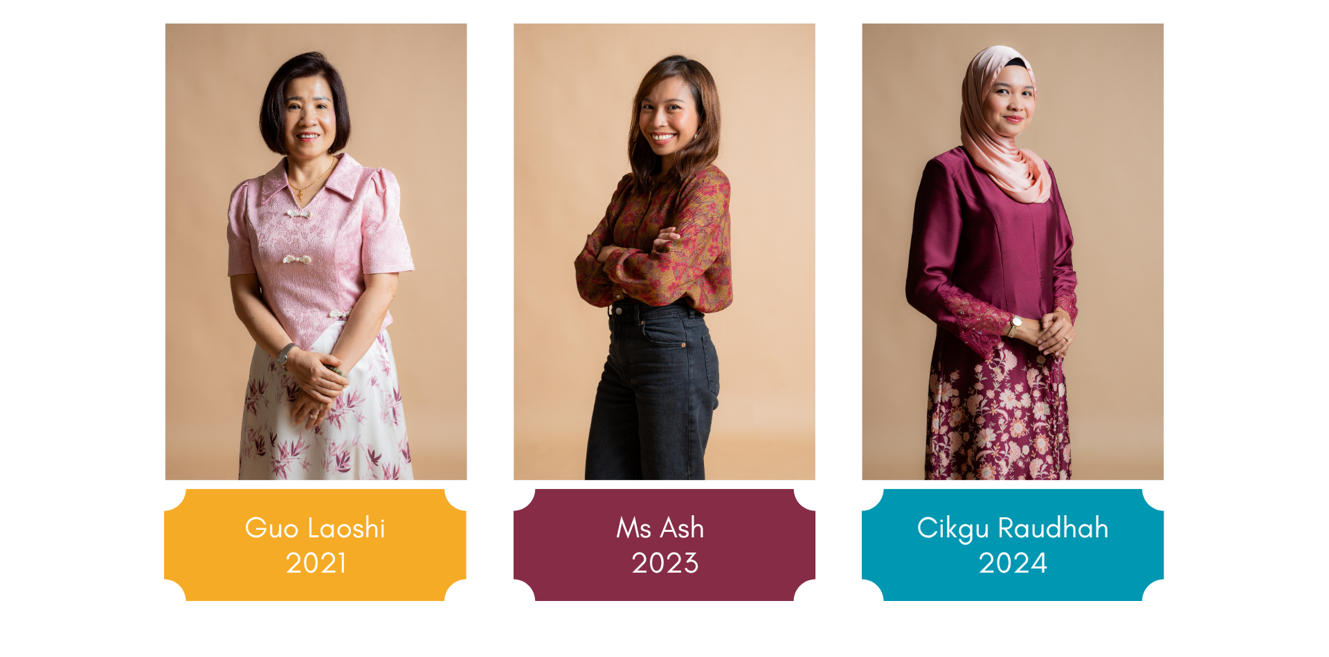 Four women named Guo Laoshi 2021, Ms Ash 2023, and Cikgu Raudhah 2024 pose for portraits.