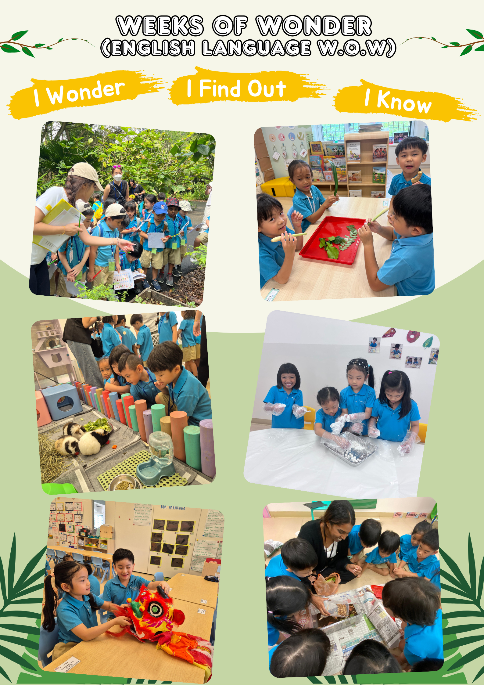 Poster titled Weeks of Wonder with photos of children exploring nature, crafts, animals, and classroom activities.