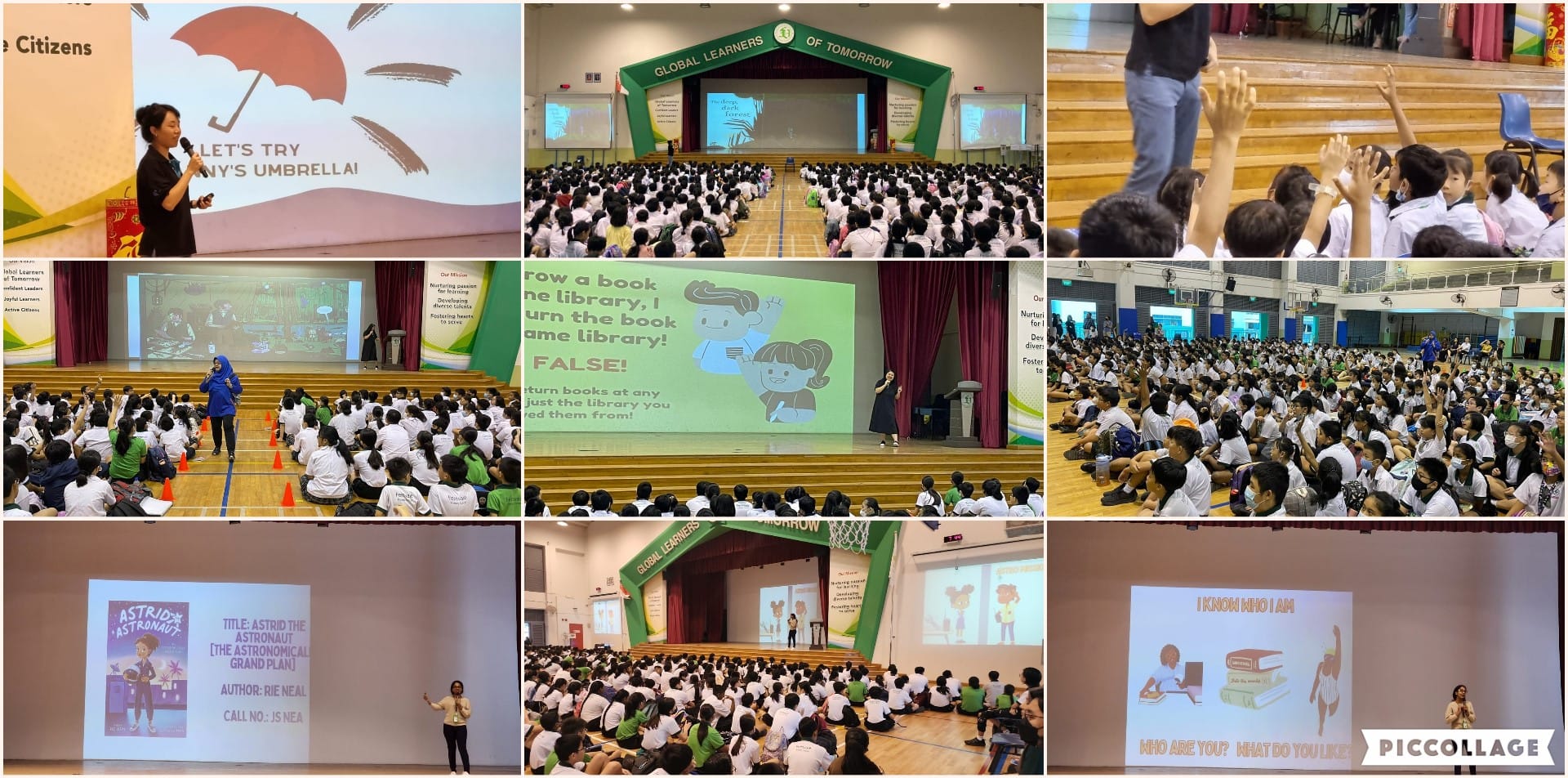 Collage of school assembly scenes with students seated on a gym floor watching presentations on reading and library use.