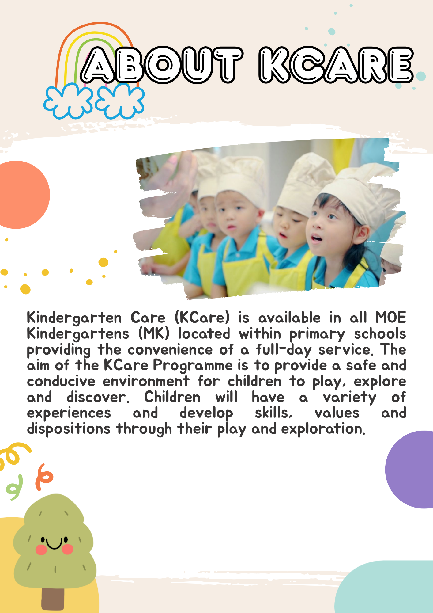 Colorful flyer titled About KCare showing young children in chef hats and yellow aprons with descriptive program text.