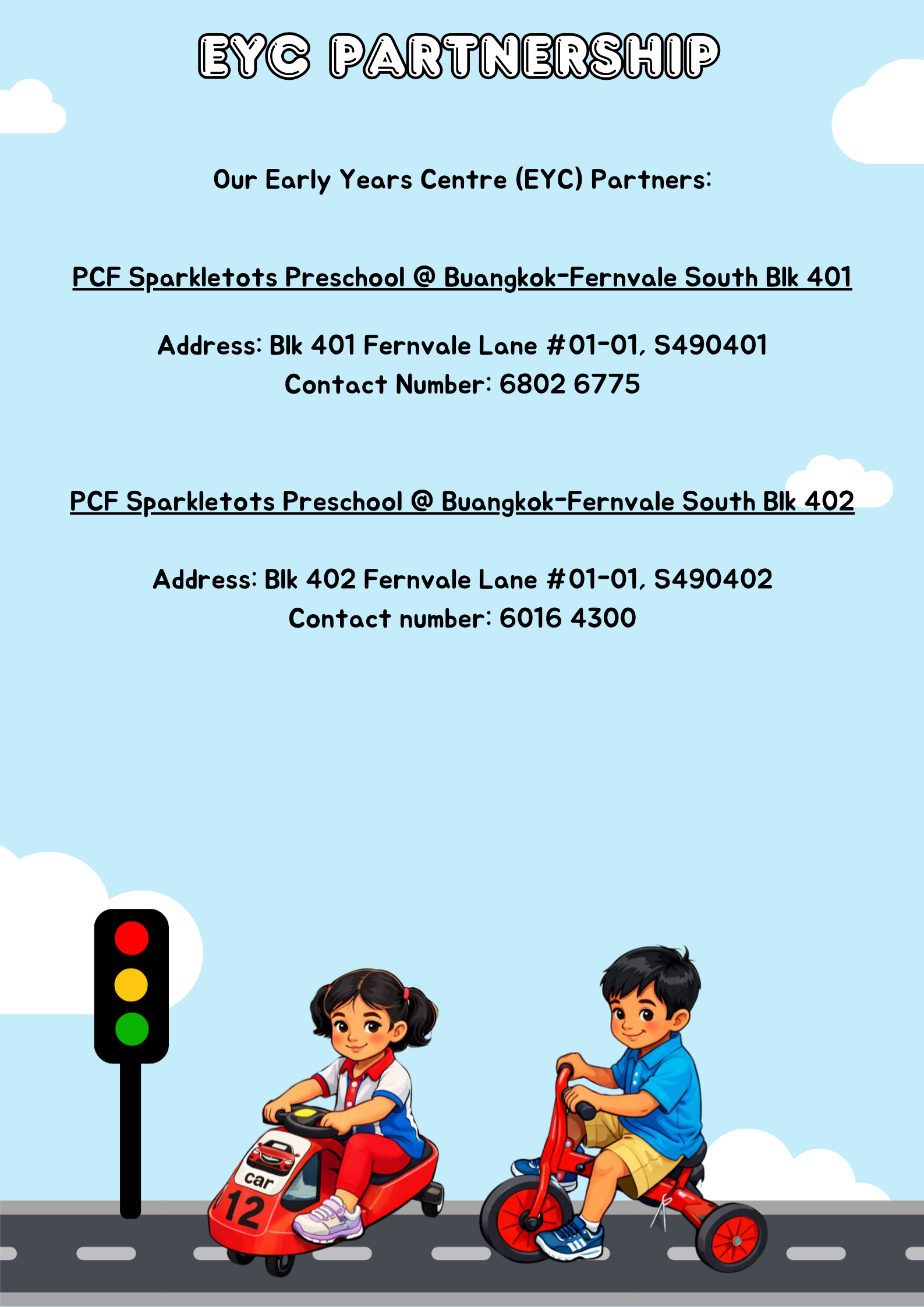 Flyer titled EYC Partnership listing two PCF Sparkletots Preschool locations with addresses and contact numbers.