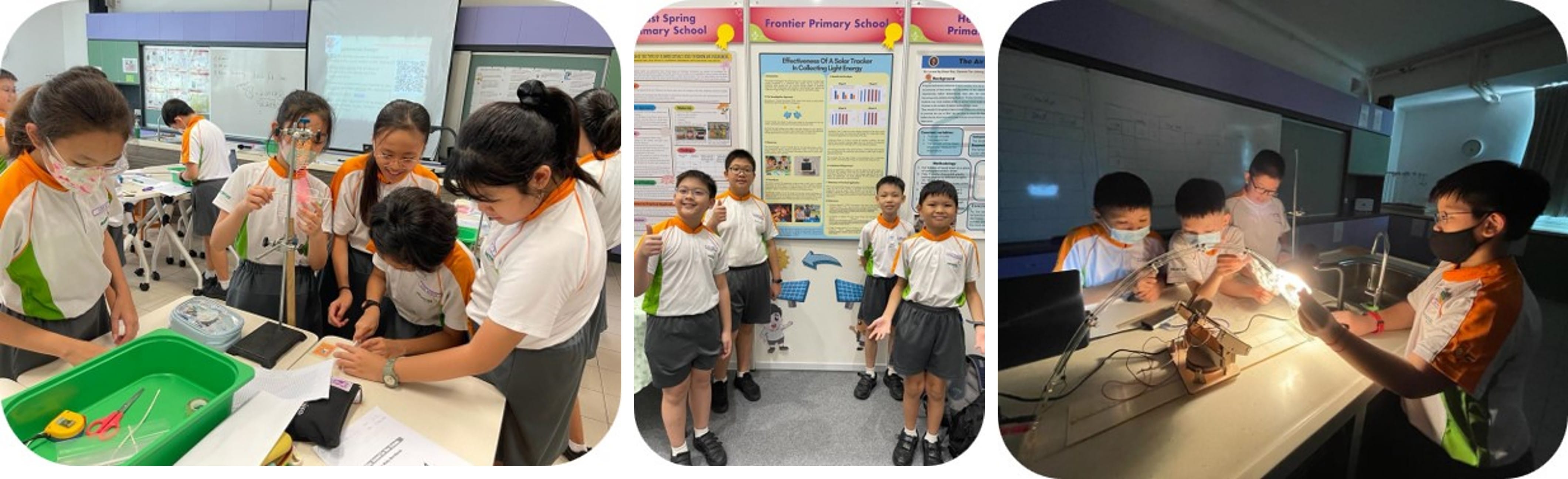 Three photos of primary school students in uniforms doing science experiments and presenting project posters.