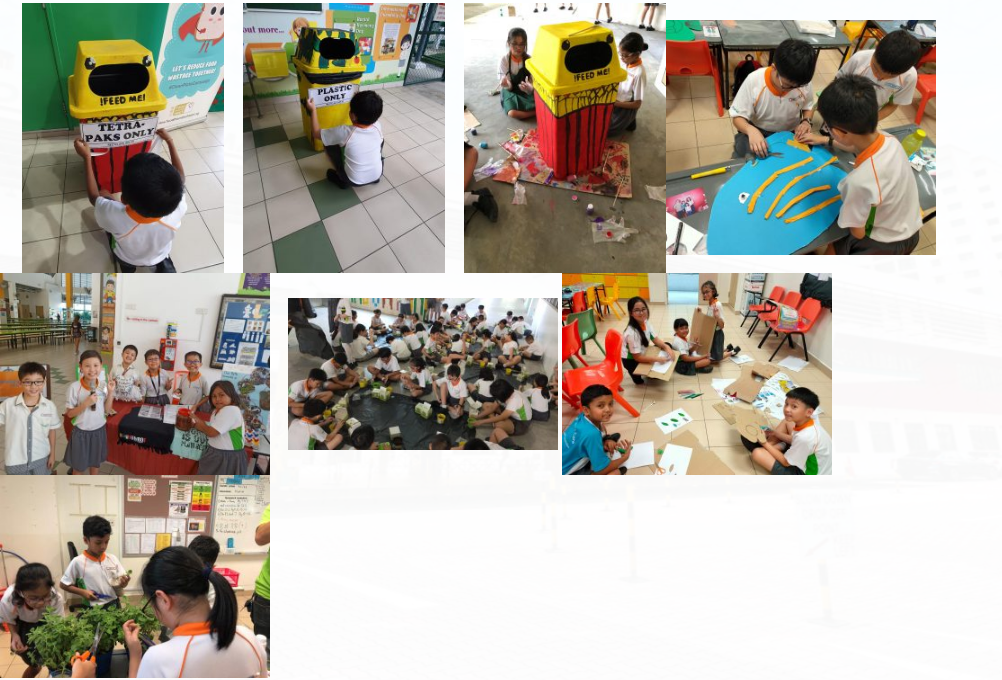 School children doing recycling activities, crafts, and group work with yellow recycling bins labeled Feed Me.