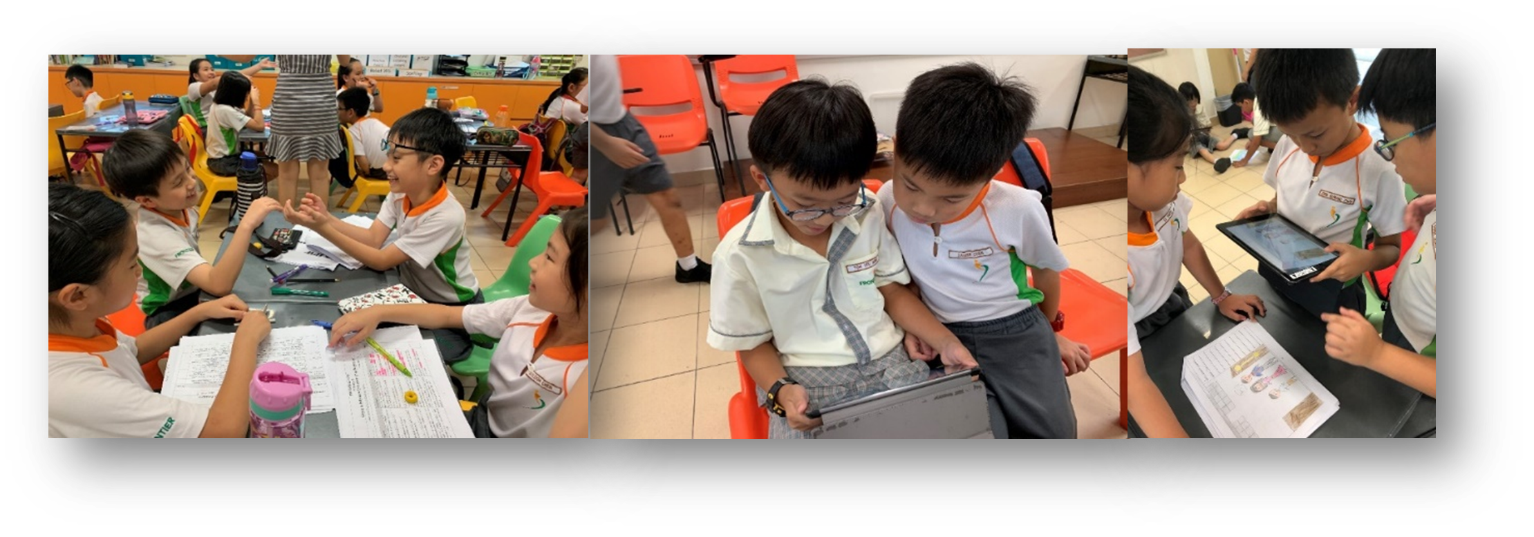 Three classroom scenes showing young students in uniforms discussing work, sharing a laptop, and viewing a tablet together.