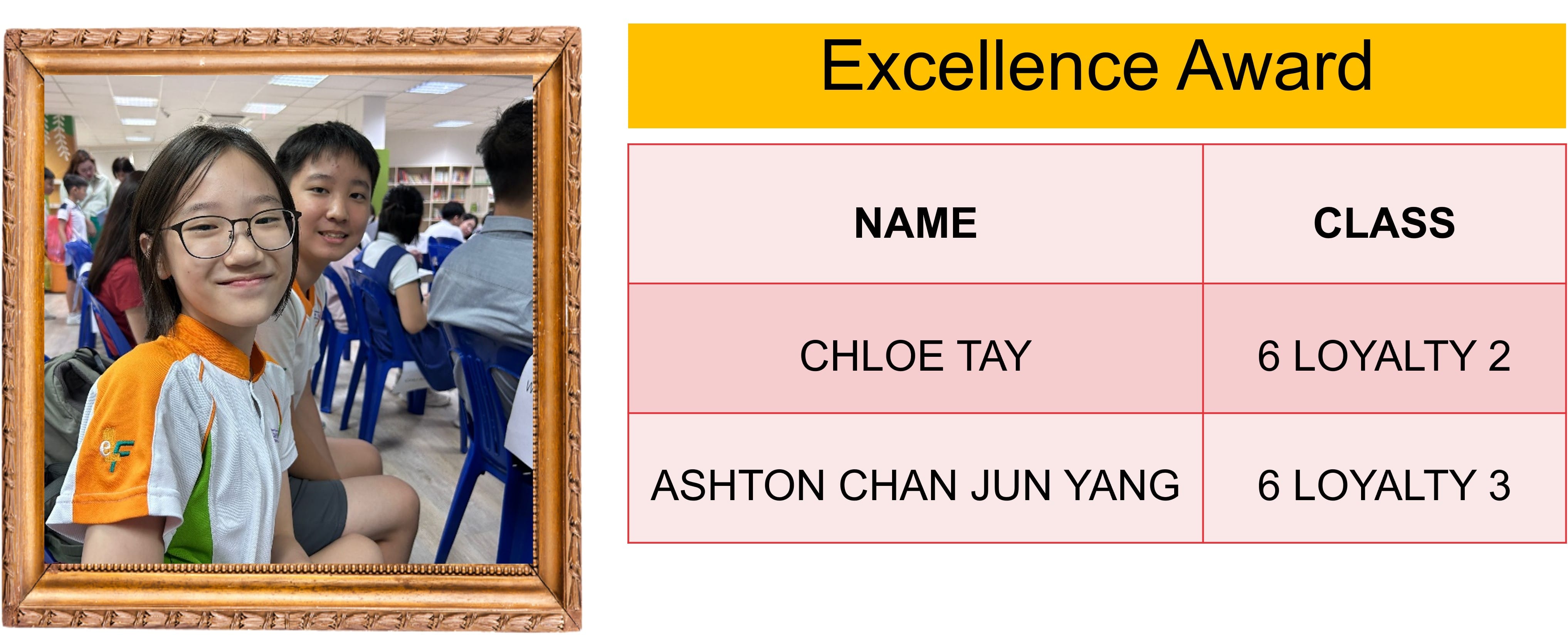 Two students in a framed photo beside an Excellence Award table listing Chloe Tay and Ashton Chan Jun Yang.