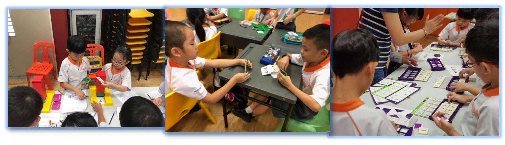 Young children in white uniforms doing hands-on learning activities with blocks and cards at classroom tables.