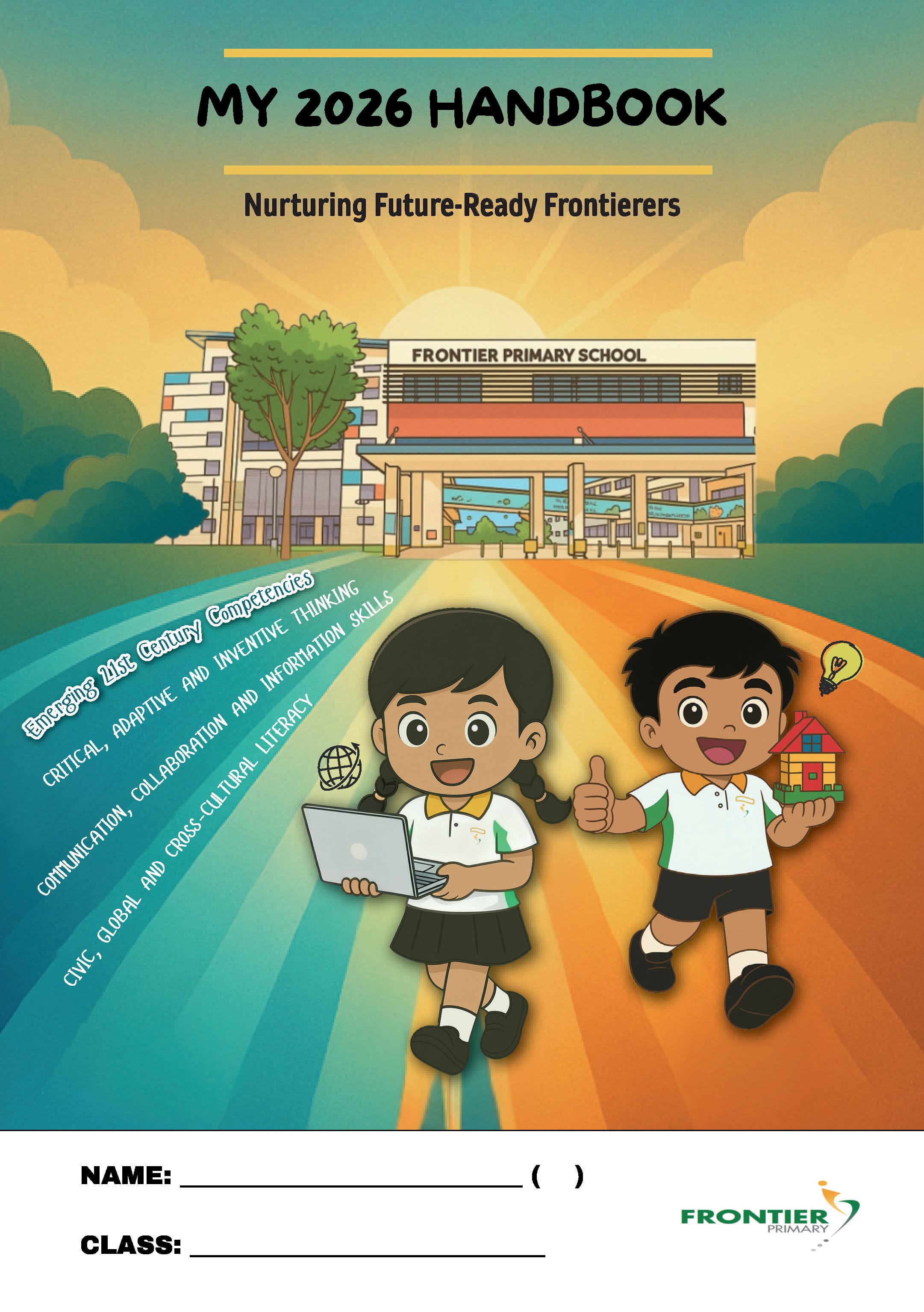 Cover of My 2026 Handbook for Frontier Primary School with two cartoon children holding a laptop and a house model.