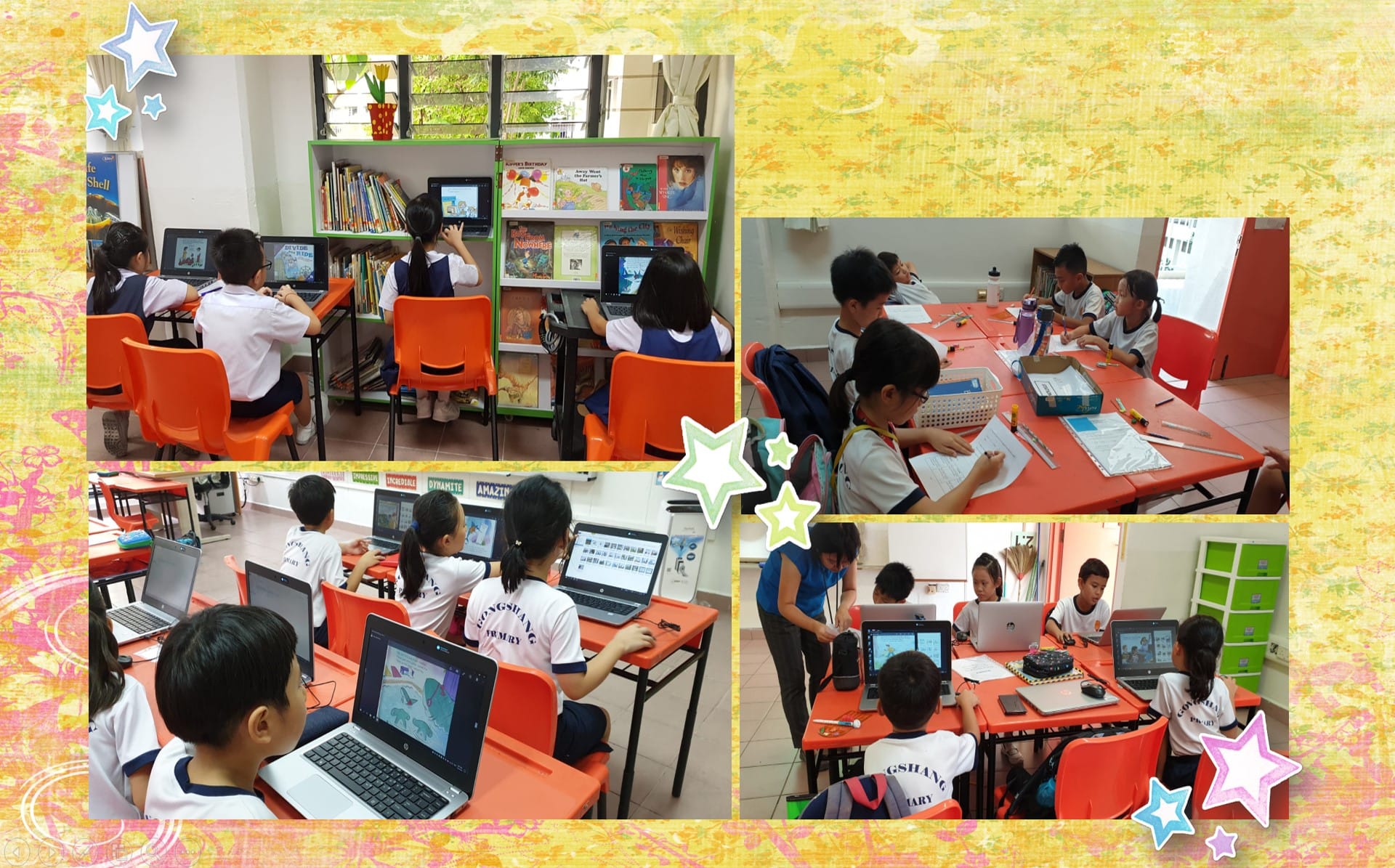 Four photos of young students in school uniforms using laptops and tablets at orange desks in classrooms.