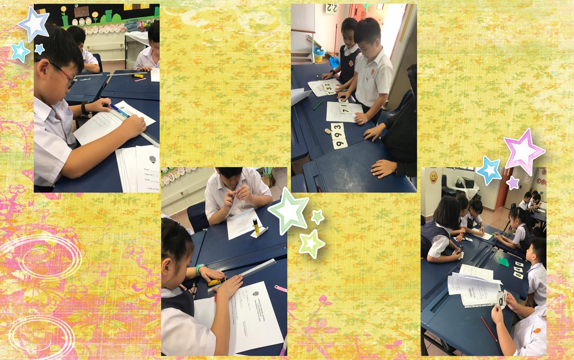 Four photos of uniformed students working on math number card activities at blue desks in a classroom.