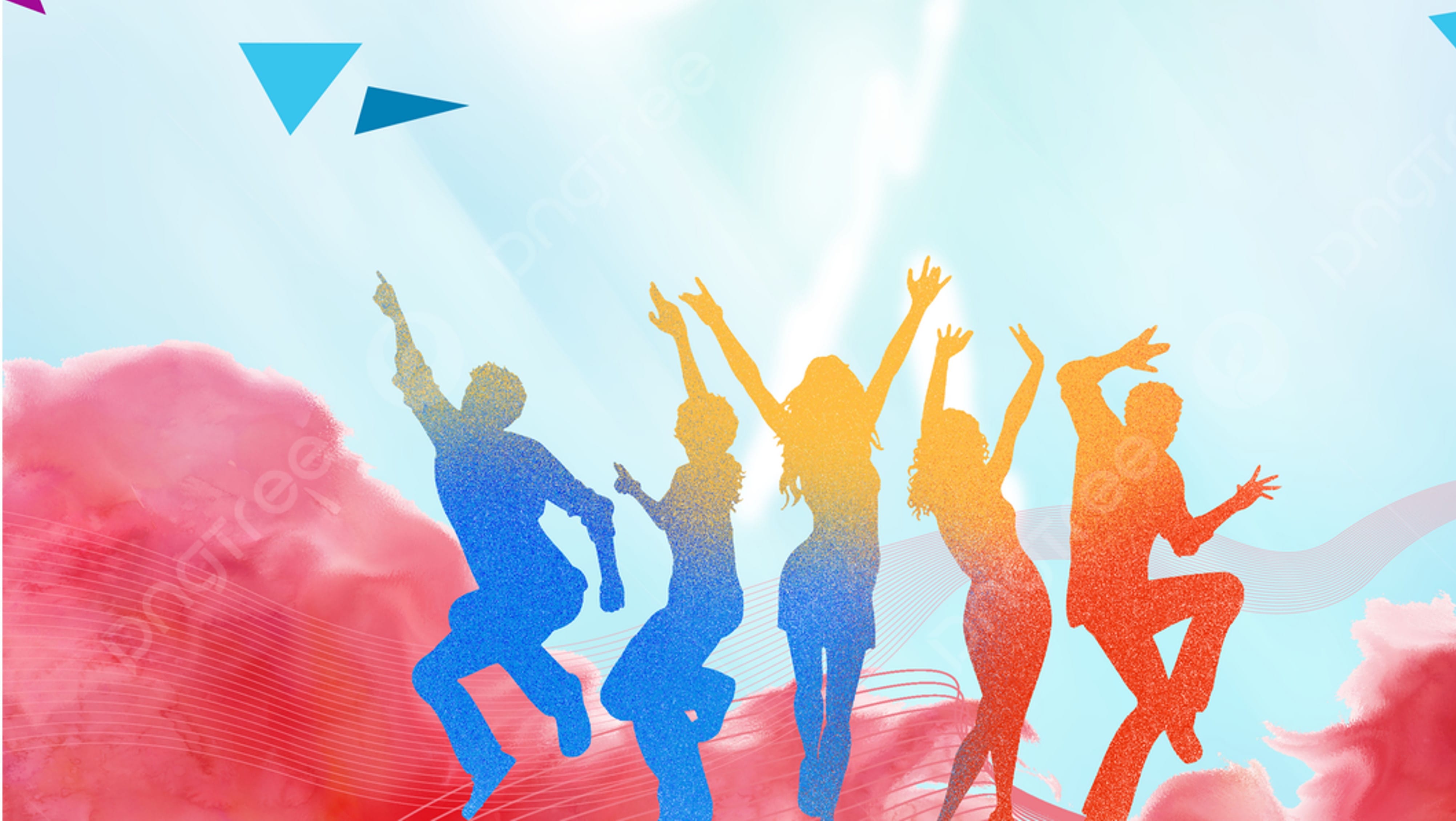 Five colorful silhouettes of people dancing and jumping against a bright blue sky with pink clouds.