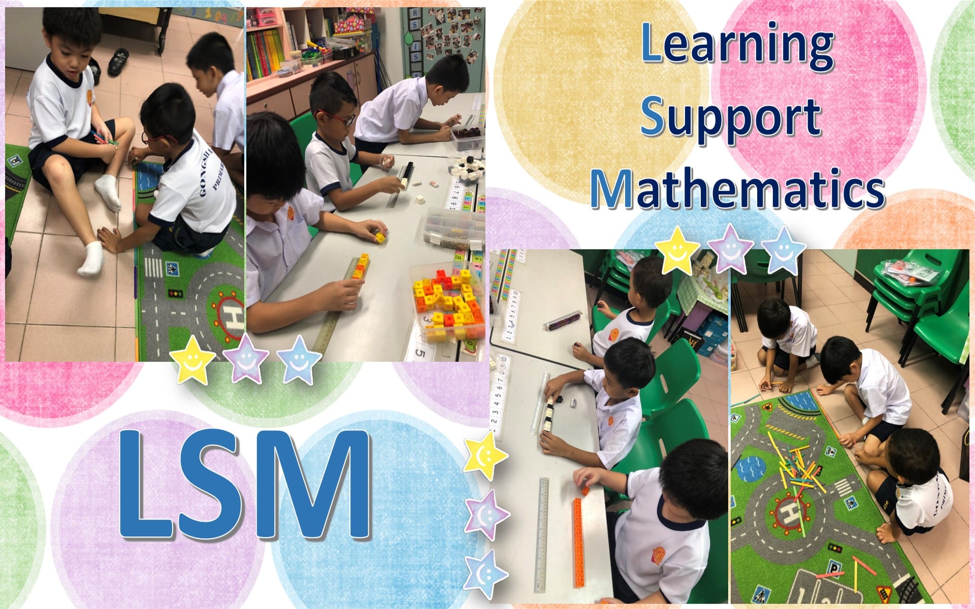 Young students in school uniforms doing hands-on math activities with blocks and rulers, labeled Learning Support Mathematics LSM.