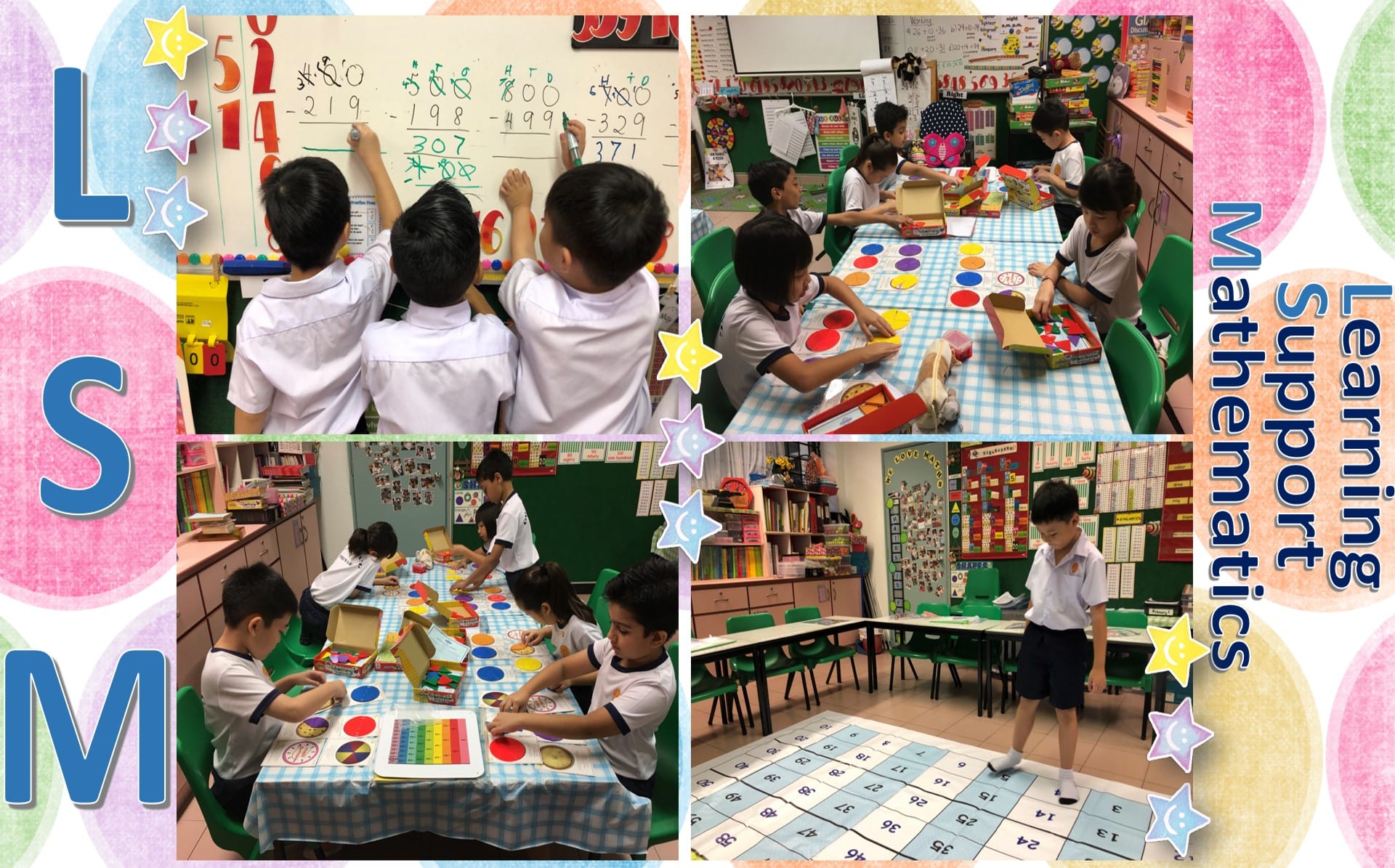 Young students in a Learning Support Mathematics class doing subtraction on a whiteboard and hands-on activities with colorful manipulatives.