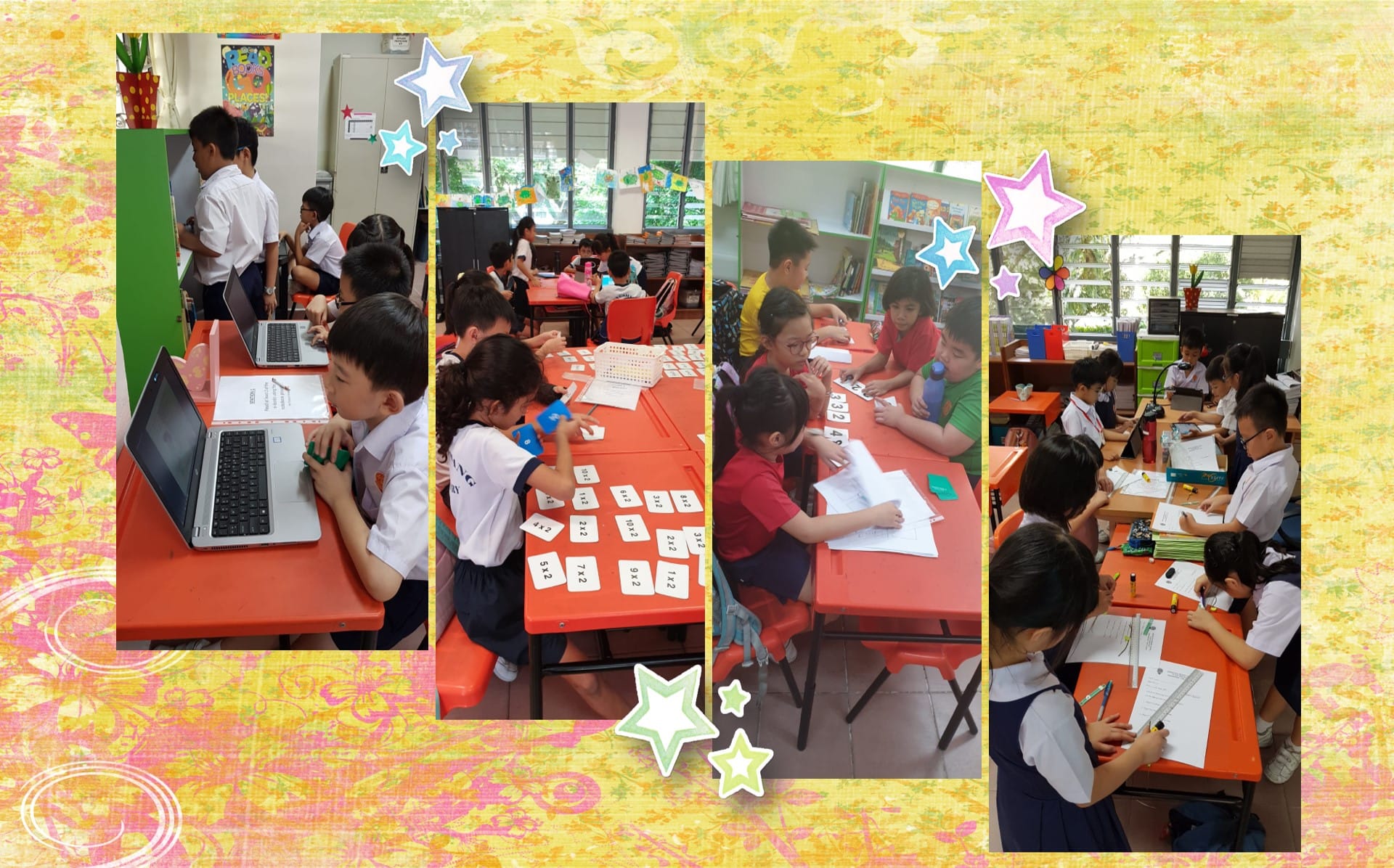 Four photos of young students in school uniforms doing math activities at orange tables in a classroom.