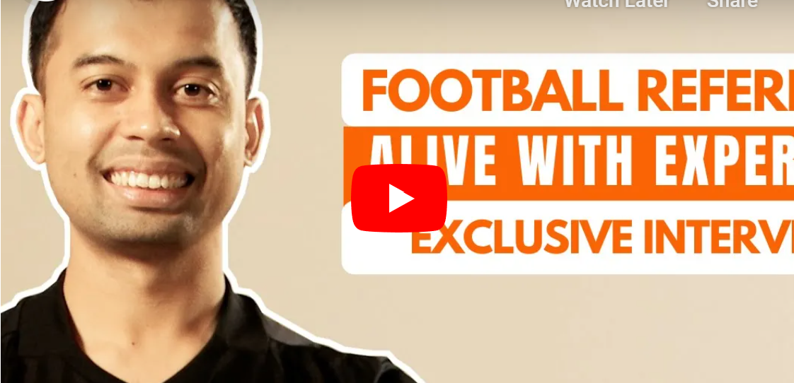 YouTube video thumbnail showing a smiling man beside text reading Football Referee Alive With Expert Exclusive Interview.