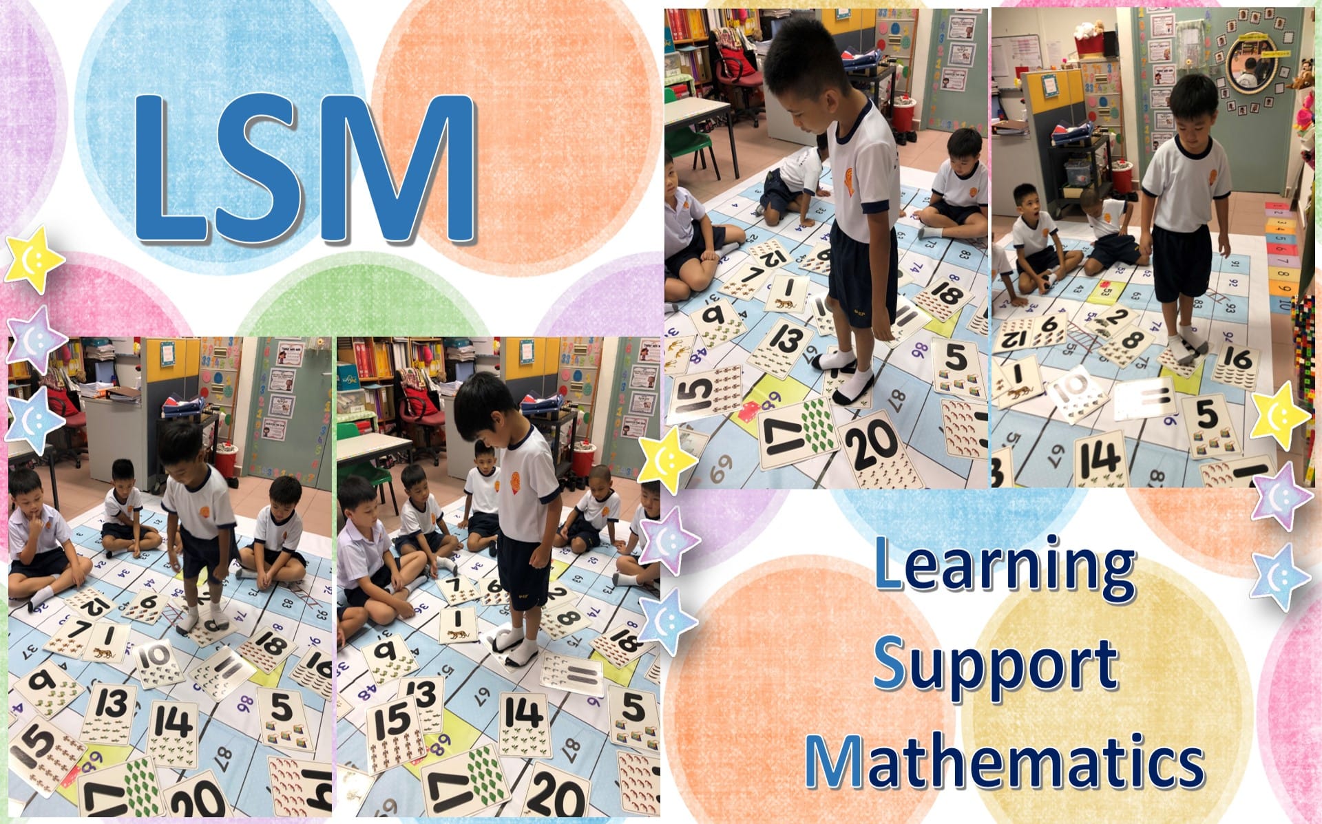 Young students in uniforms stand and sit on large number cards spread on a classroom floor during a math activity.