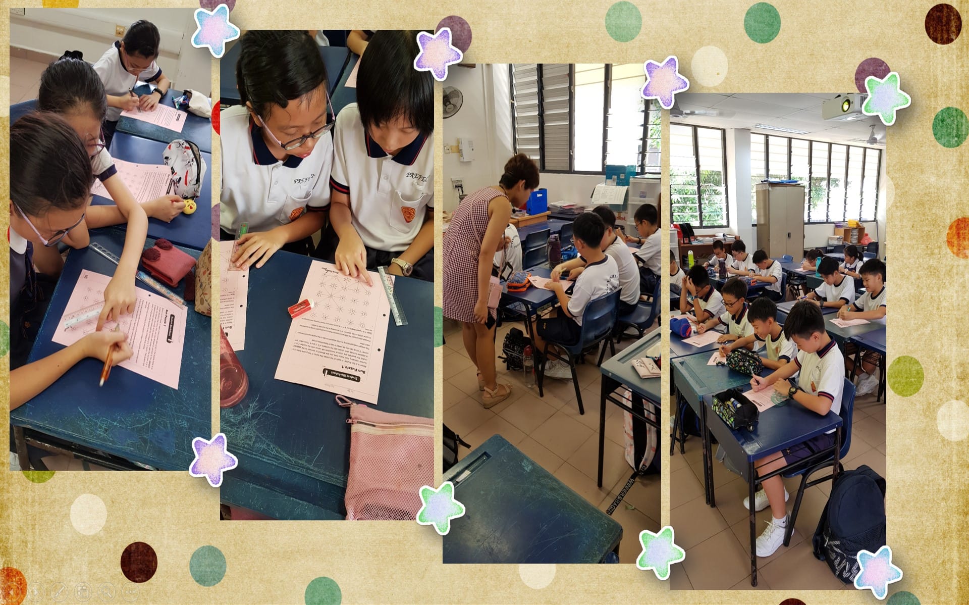 Four collaged photos show young students in white uniforms working on worksheets at desks in a classroom.