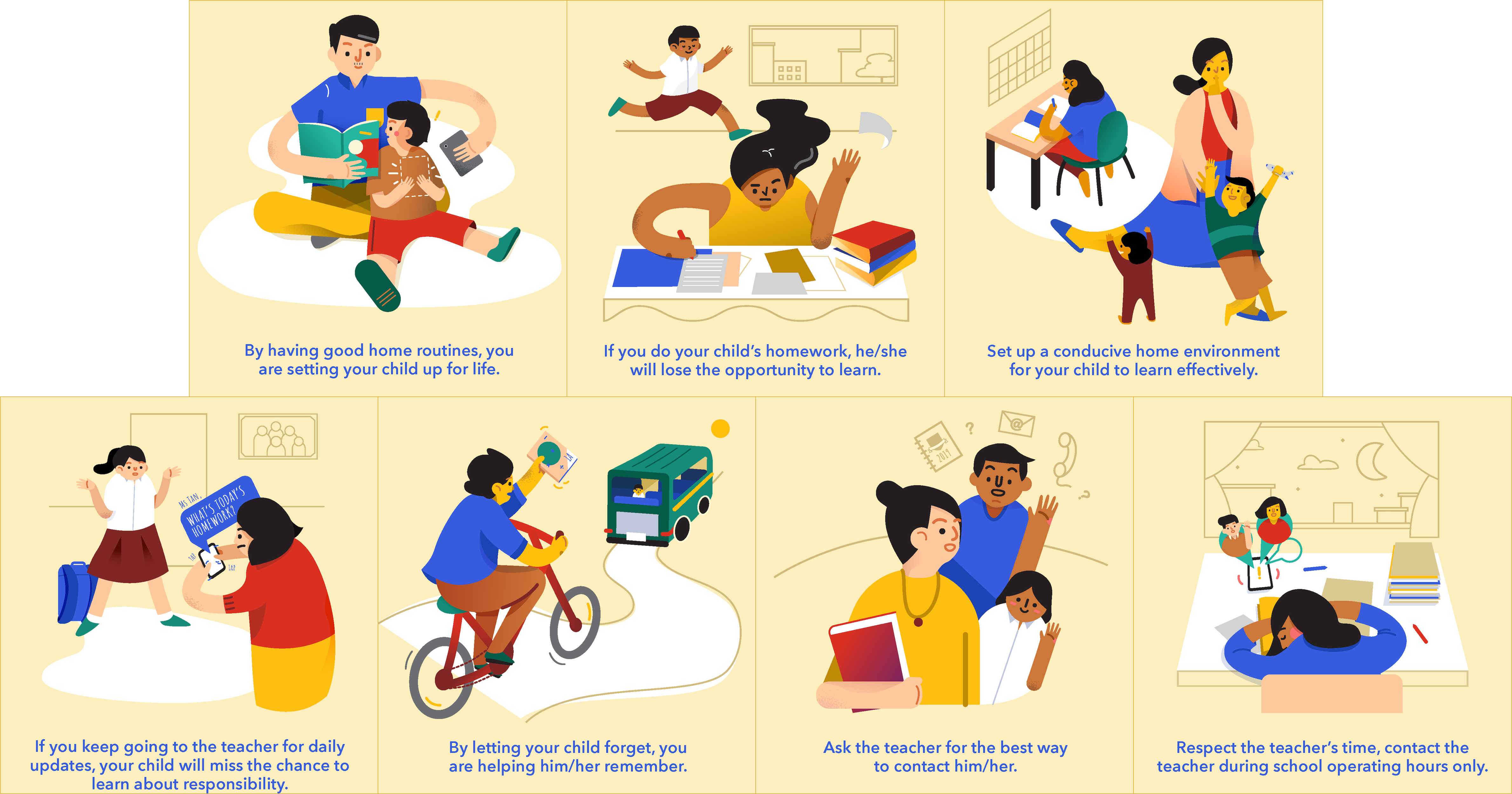 Seven illustrated panels with parenting tips about home routines, homework, and teacher communication for children's learning.