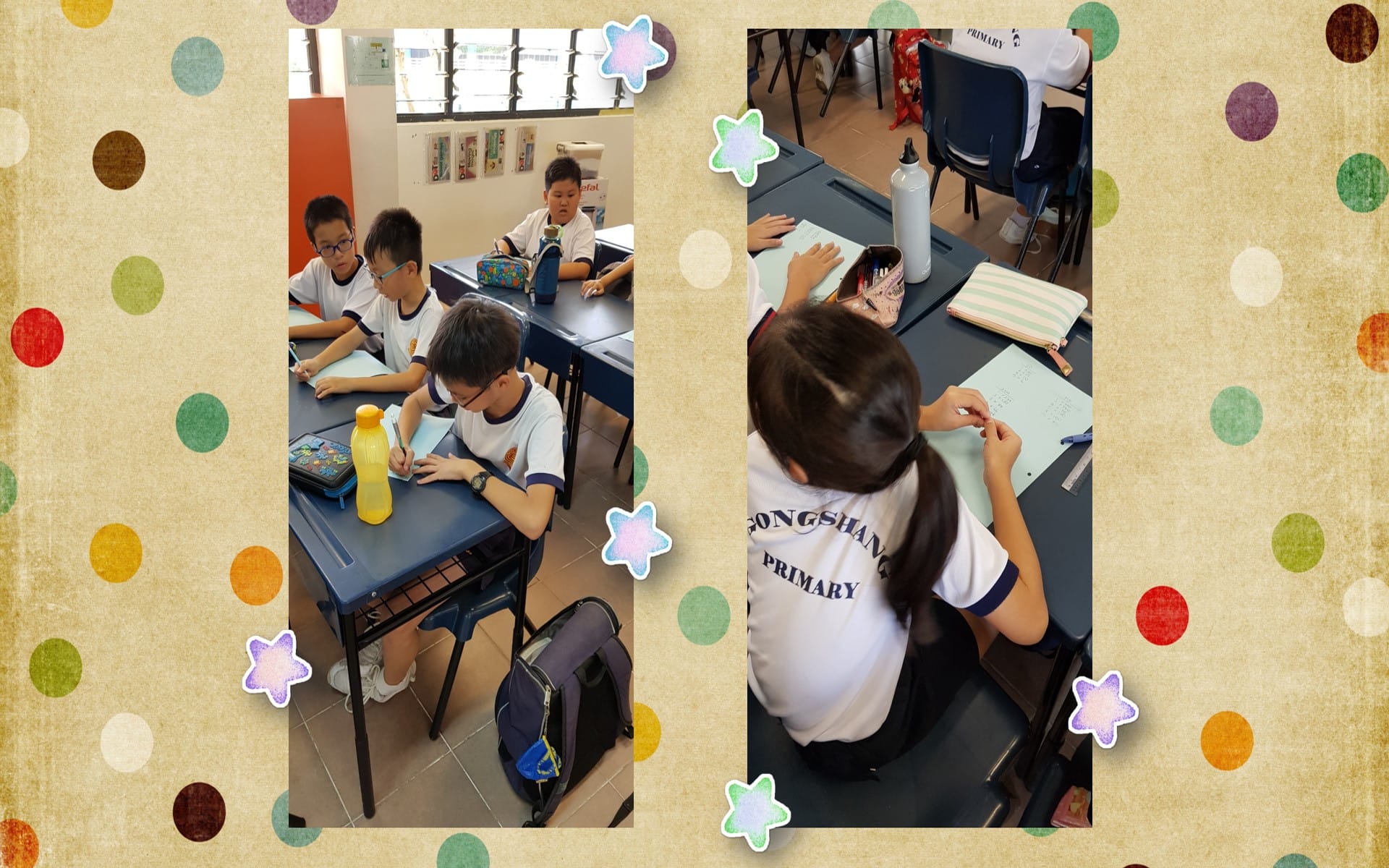 Primary school students in white uniforms sit at blue desks, writing on paper in a classroom.