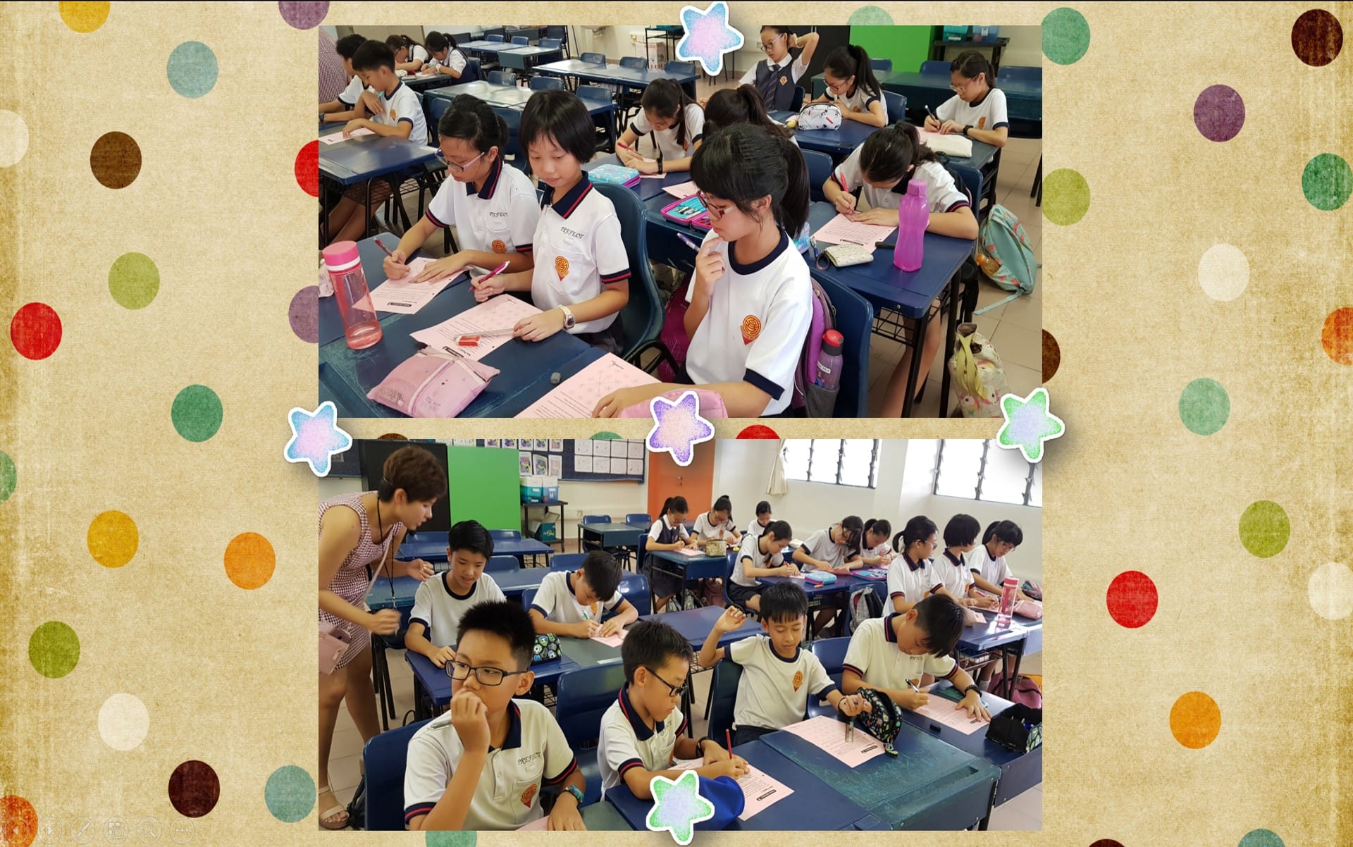 Two classroom photos showing students in white uniforms sitting at blue desks writing on pink papers.
