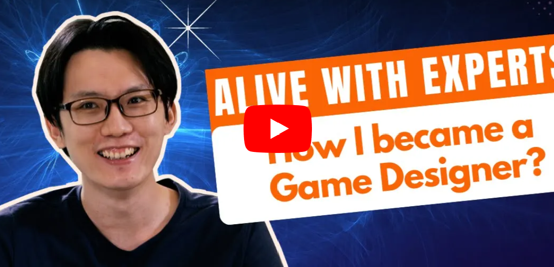 Smiling man with glasses beside text reading AI Live With Experts How I became a Game Designer, with a YouTube play button.