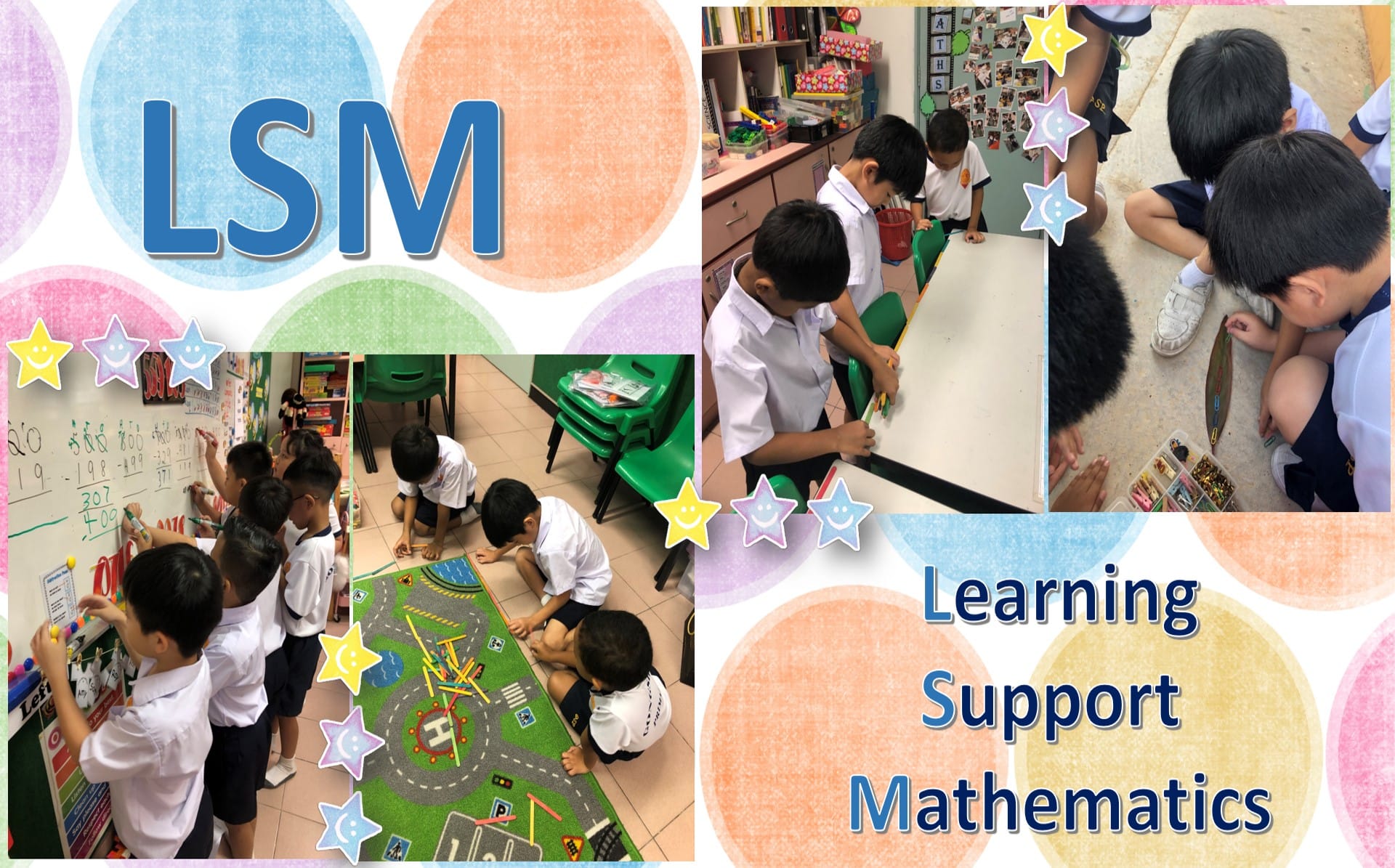 Young students in uniforms doing hands-on math activities in a classroom, with text reading LSM Learning Support Mathematics.
