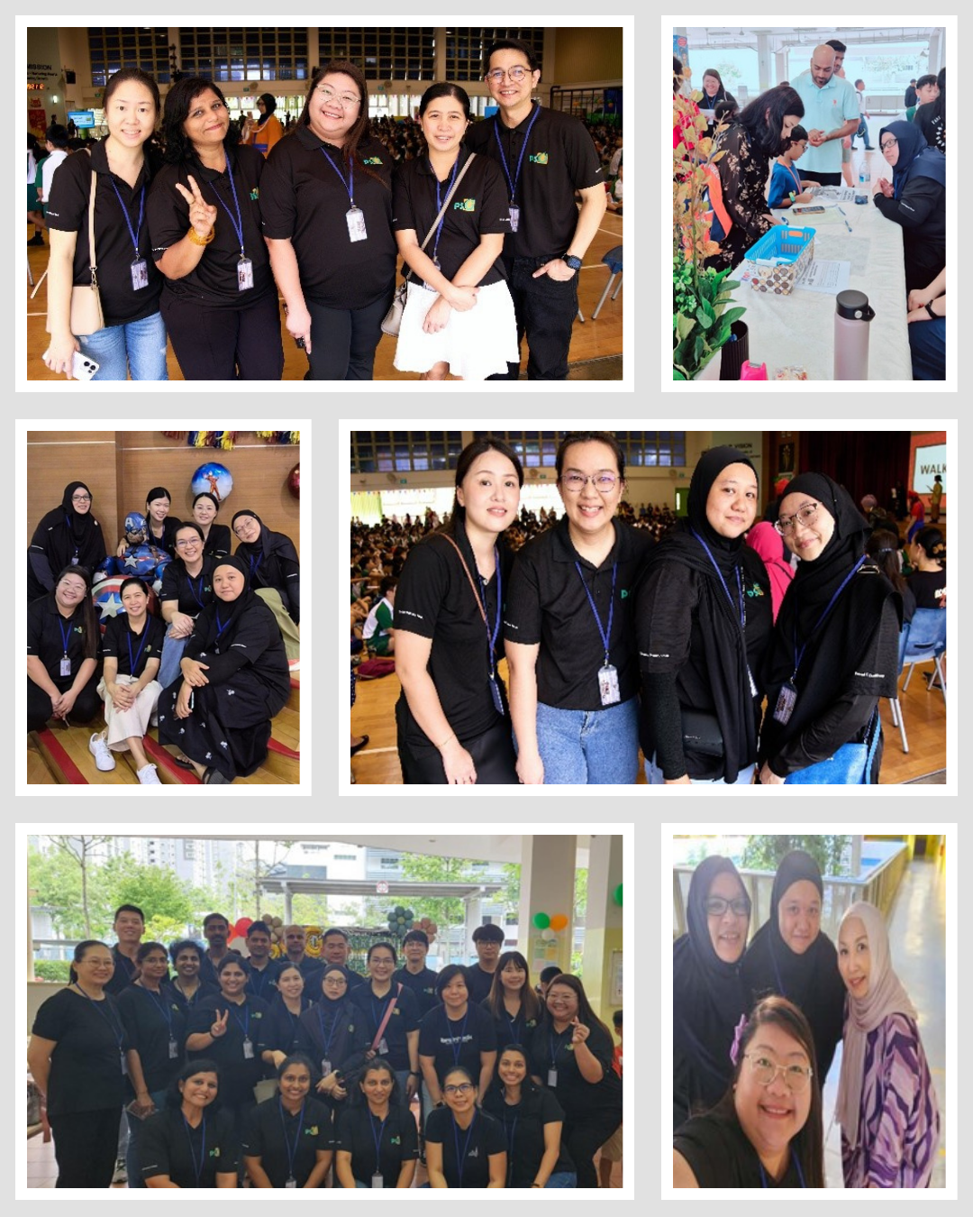 Six group photos of people wearing matching black polo shirts and blue lanyards at an indoor community event.