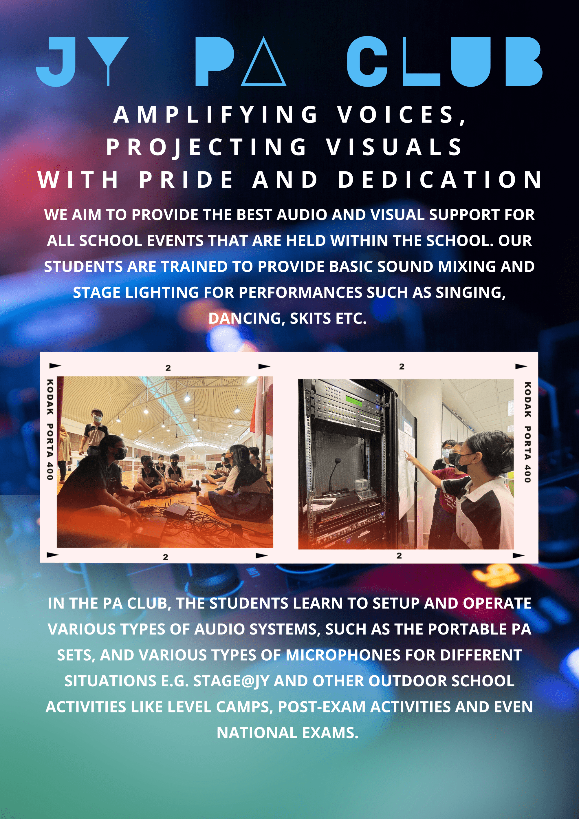 Promotional flyer for JY PA Club showing students setting up audio equipment and operating a sound rack at school events.