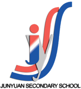 Red, white, and blue stylized "J" and "S" letters forming Junyuan Secondary School emblem.