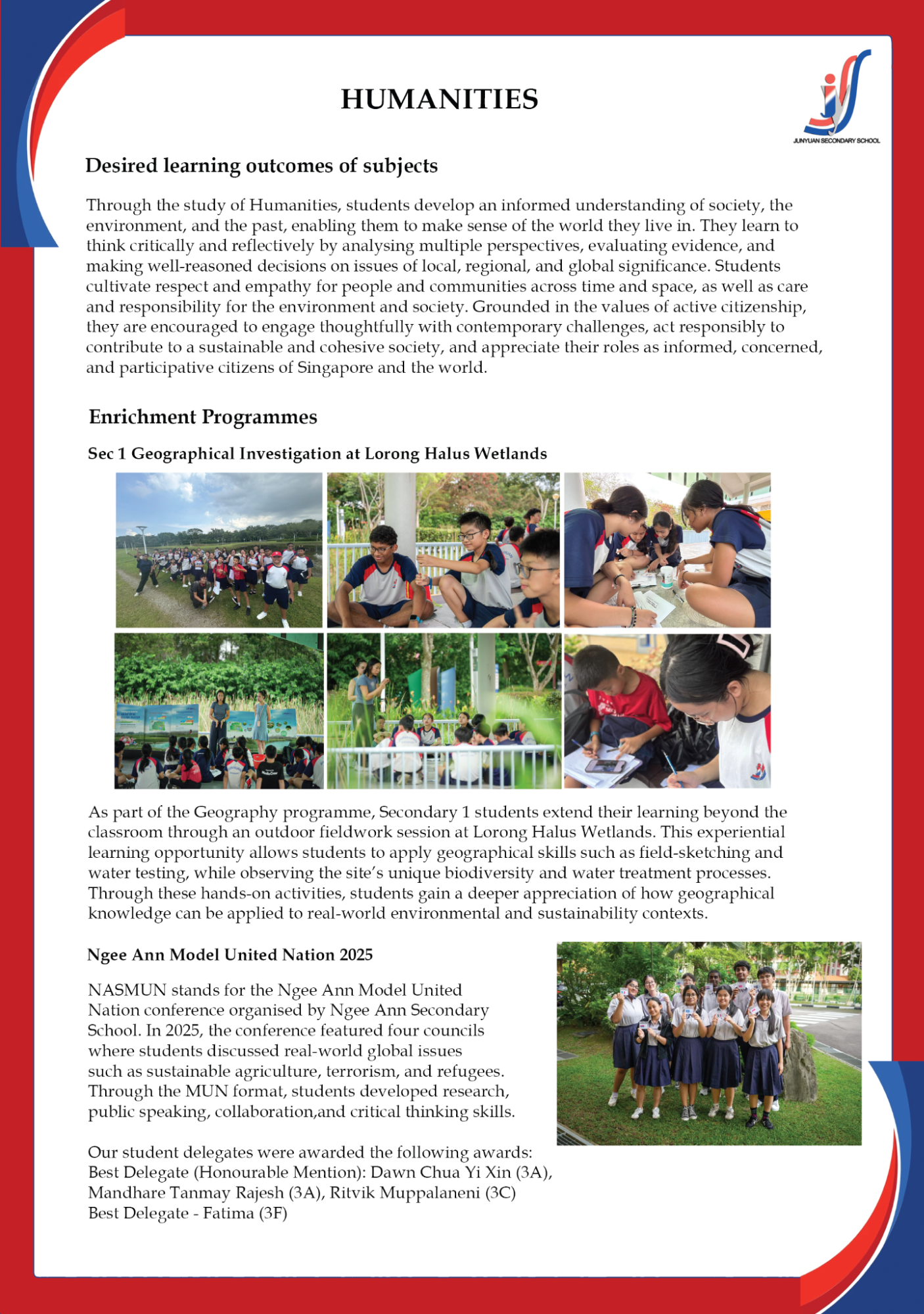 A school newsletter page titled Humanities showing student fieldwork photos at a wetlands and a group outdoor photo.