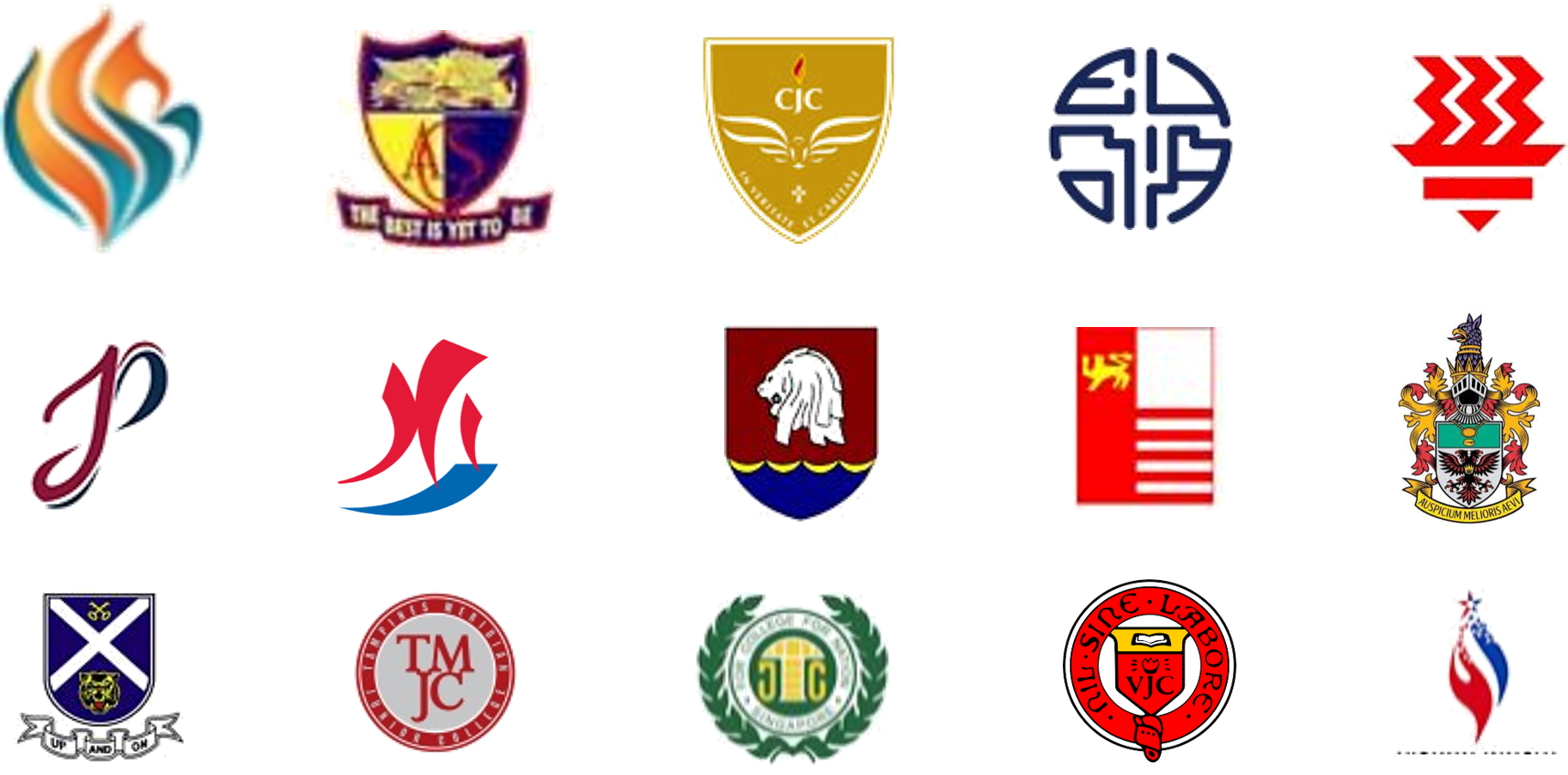 A grid of 15 Singapore junior college crests and emblems in three rows, featuring shields, seals, and symbols.
