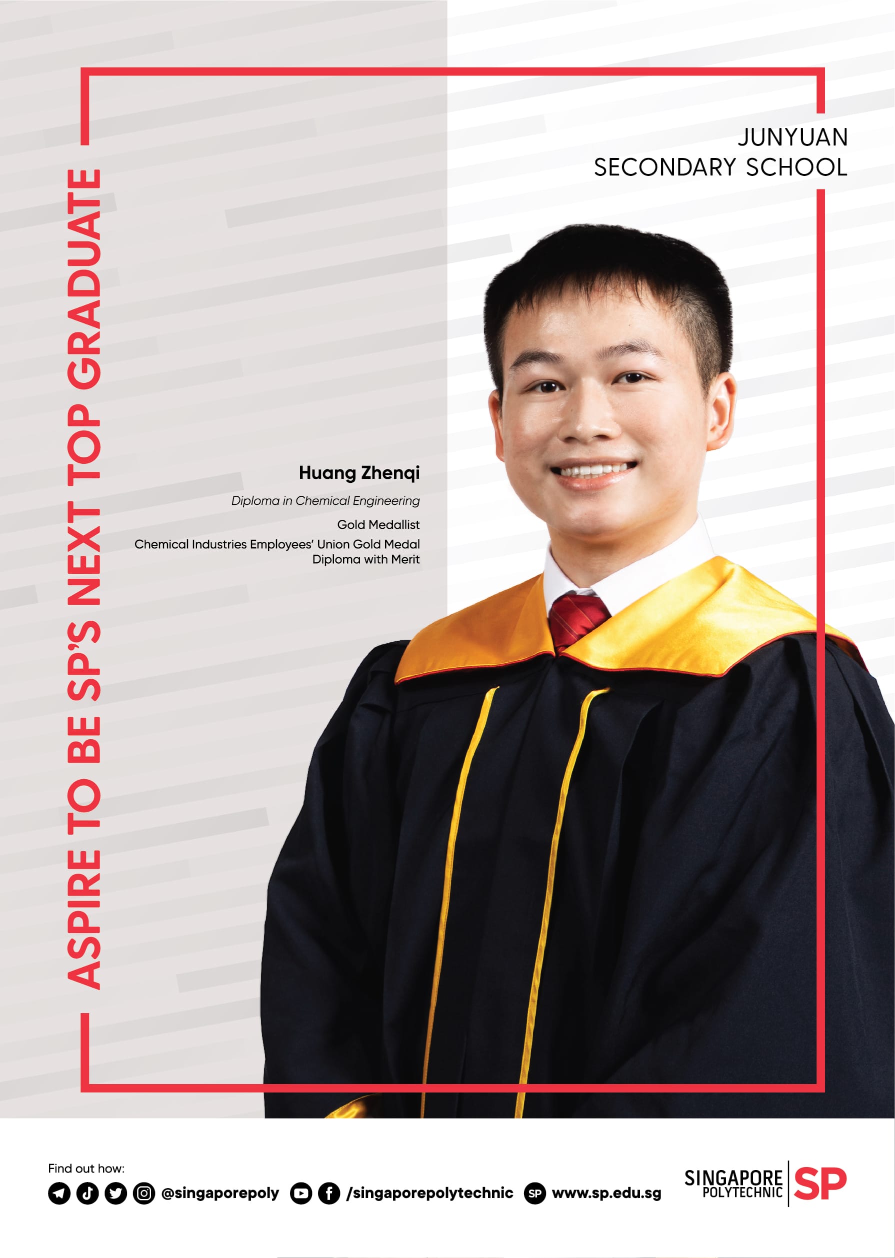 Young man in black and gold graduation gown smiling, featured in a Singapore Polytechnic top graduate poster.