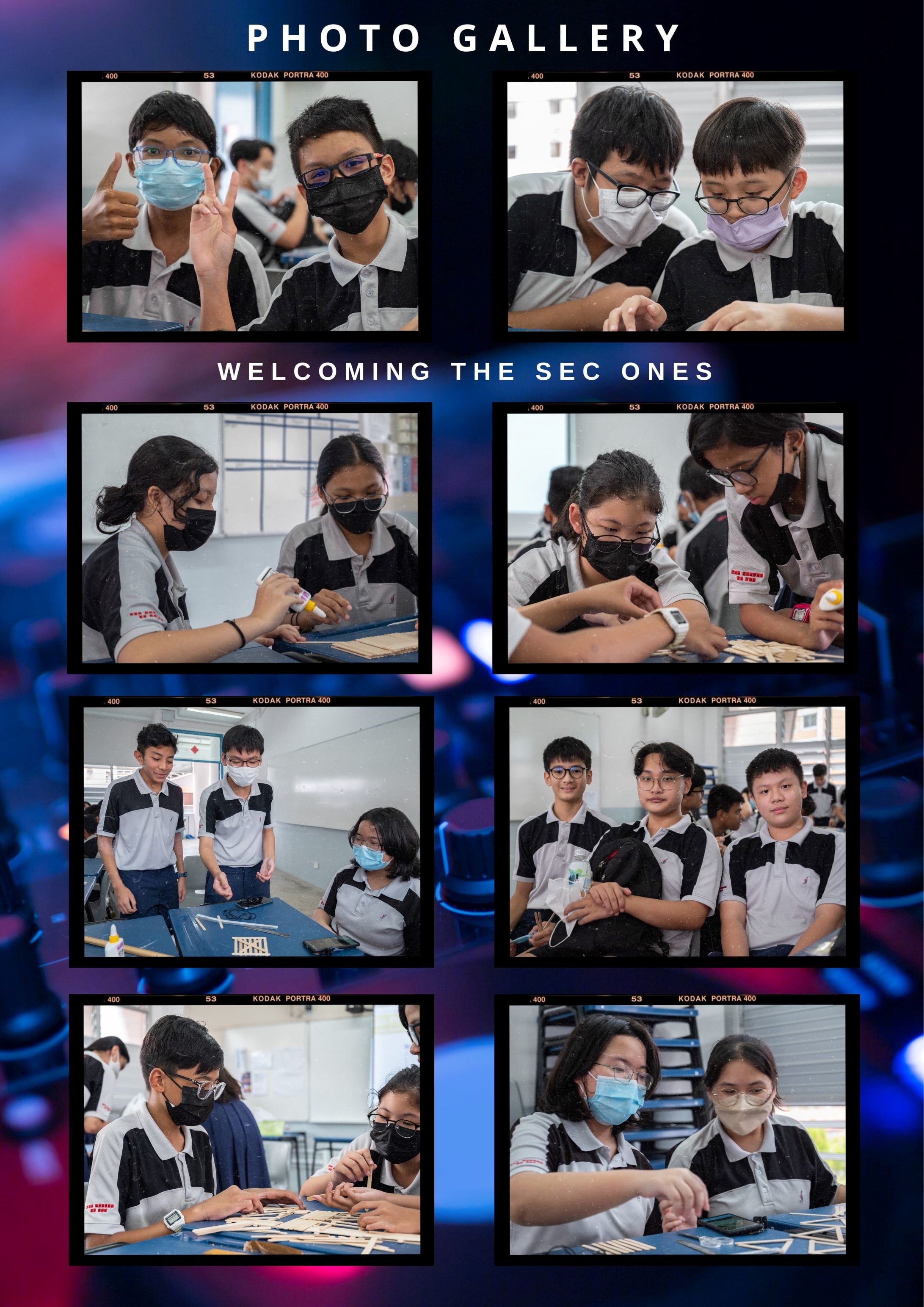 Photo gallery titled Welcoming the Sec Ones showing masked students in uniform doing hands-on craft activities.