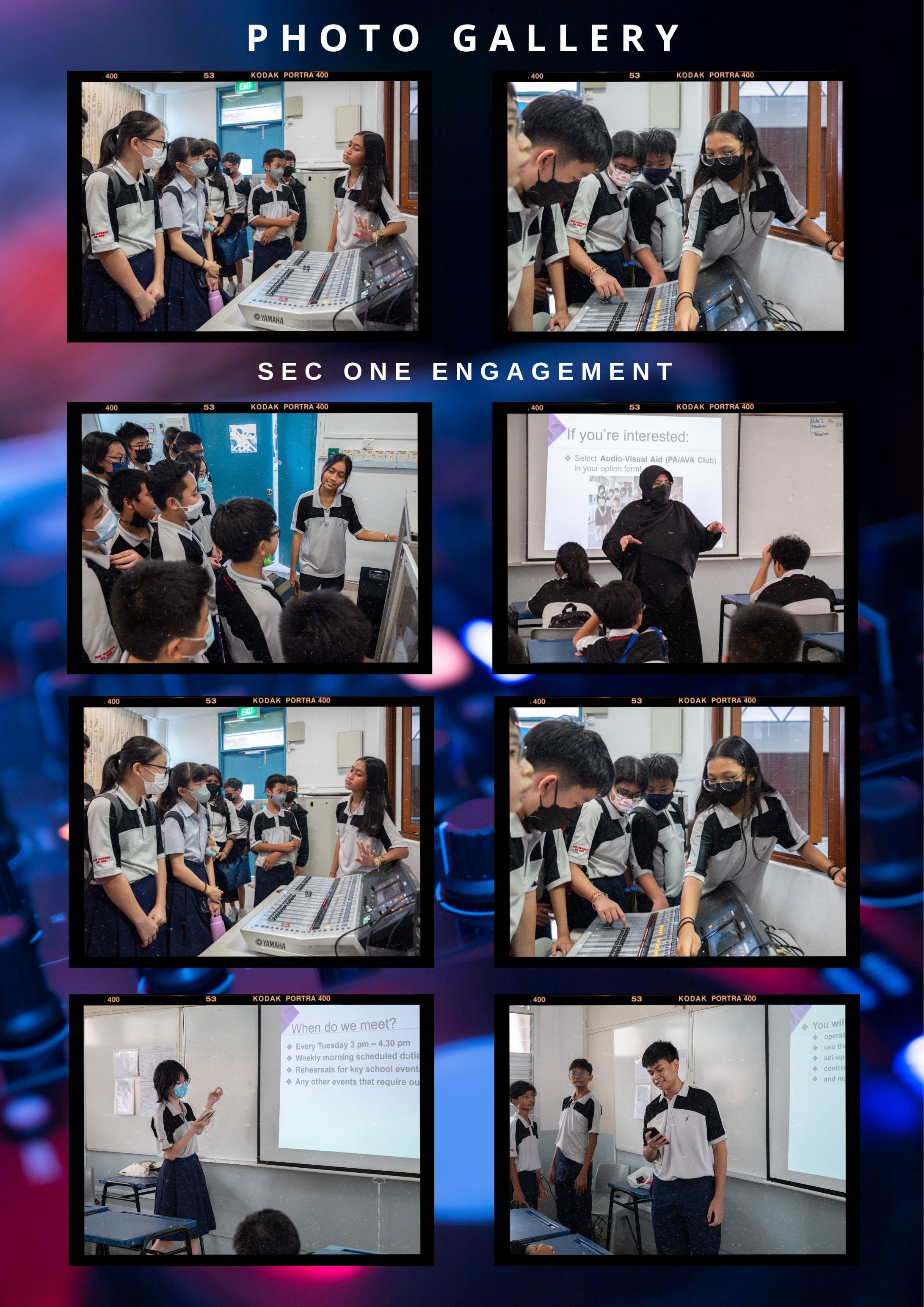 Photo gallery of secondary one student engagement sessions showing students at audio mixers and classroom presentations.
