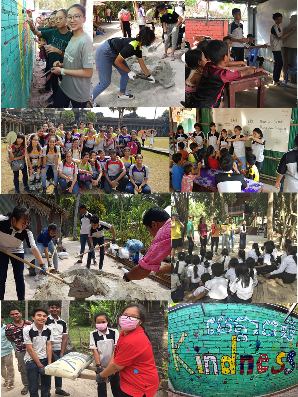 Collage of youth volunteers painting walls, mixing cement, teaching children, and posing as a group near Angkor Wat.