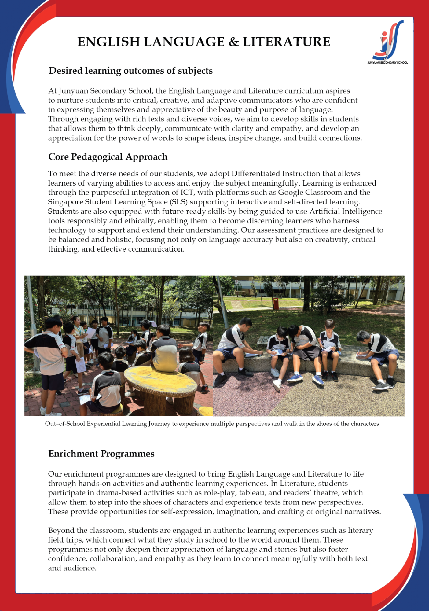 School flyer titled English Language and Literature with photos of uniformed students in an outdoor learning activity.